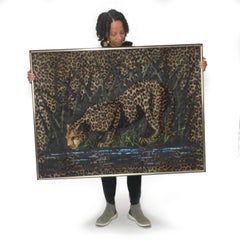 Vintage 1970s Tiki Safari Leopard Painting Hand Painted On Faux Fur