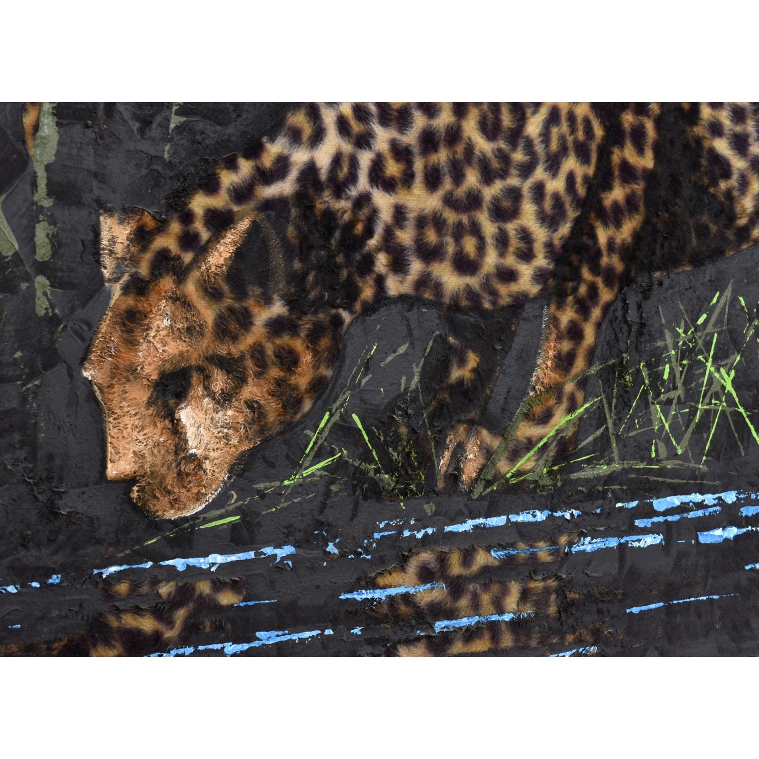 Vintage 1970s Tiki Safari Leopard Painting Hand Painted On Faux Fur For Sale 1