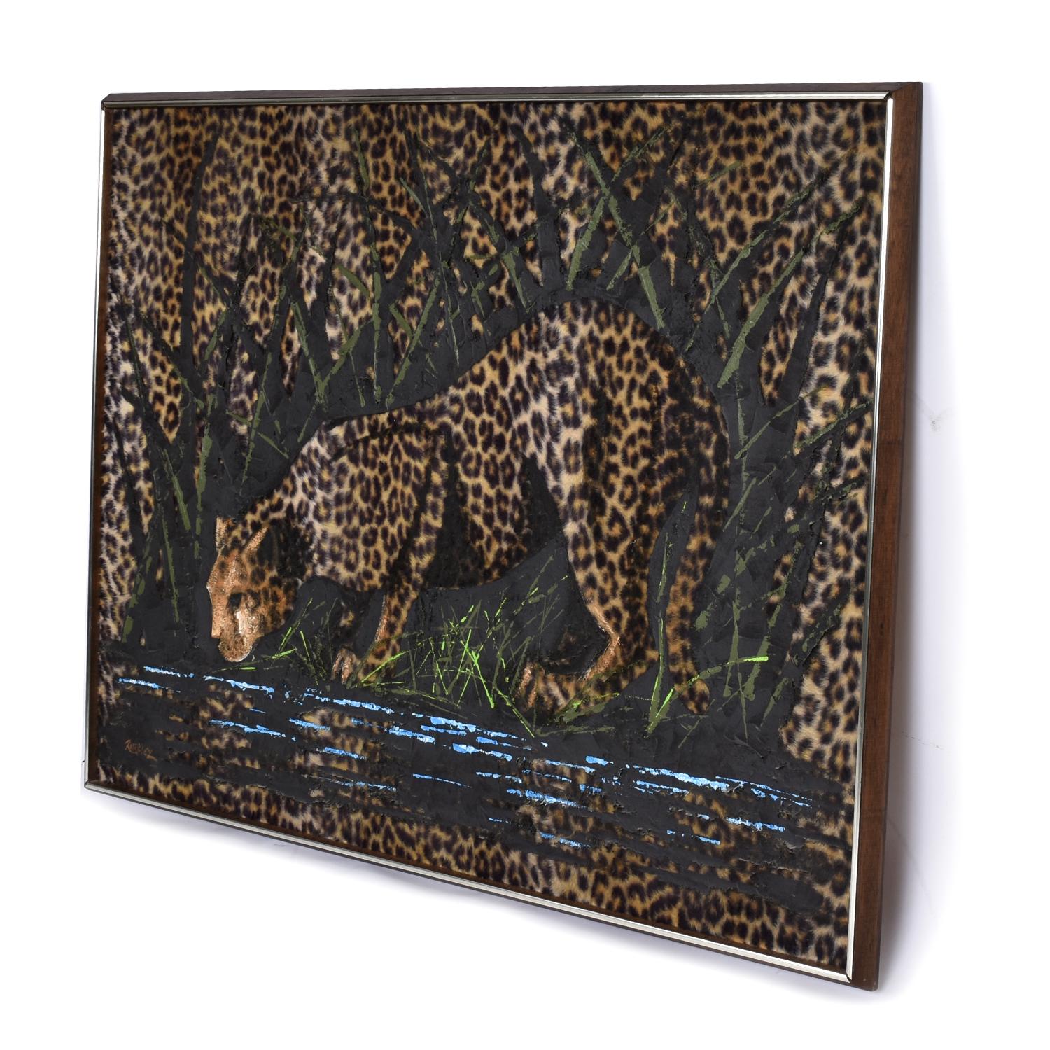 Vintage 1970s Tiki Safari Leopard Painting Hand Painted On Faux Fur For Sale 2