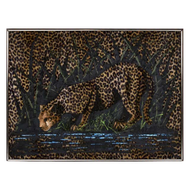 Vintage Mid-Century Large Snow Leopard Painting in Original Frame For ...
