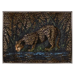 Vintage 1970s Tiki Safari Leopard Painting Hand Painted On Faux Fur