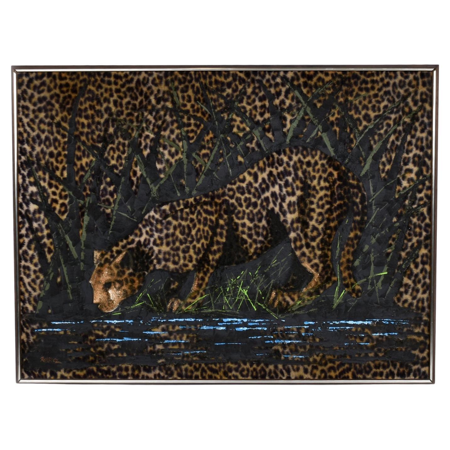 Vintage 1970s Tiki Safari Leopard Painting Hand Painted On Faux Fur For Sale