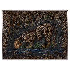 Antique 1970s Tiki Safari Leopard Painting Hand Painted On Faux Fur