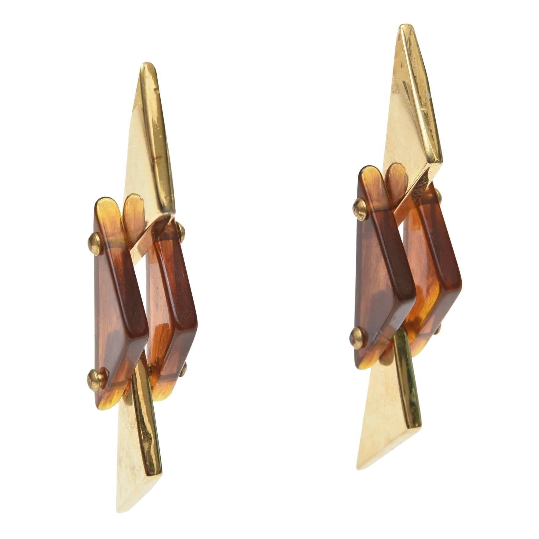 Vintage 1970's Schildkröte Lucite und Messing plattiert Dangle skulpturale Ohrringe im Angebot