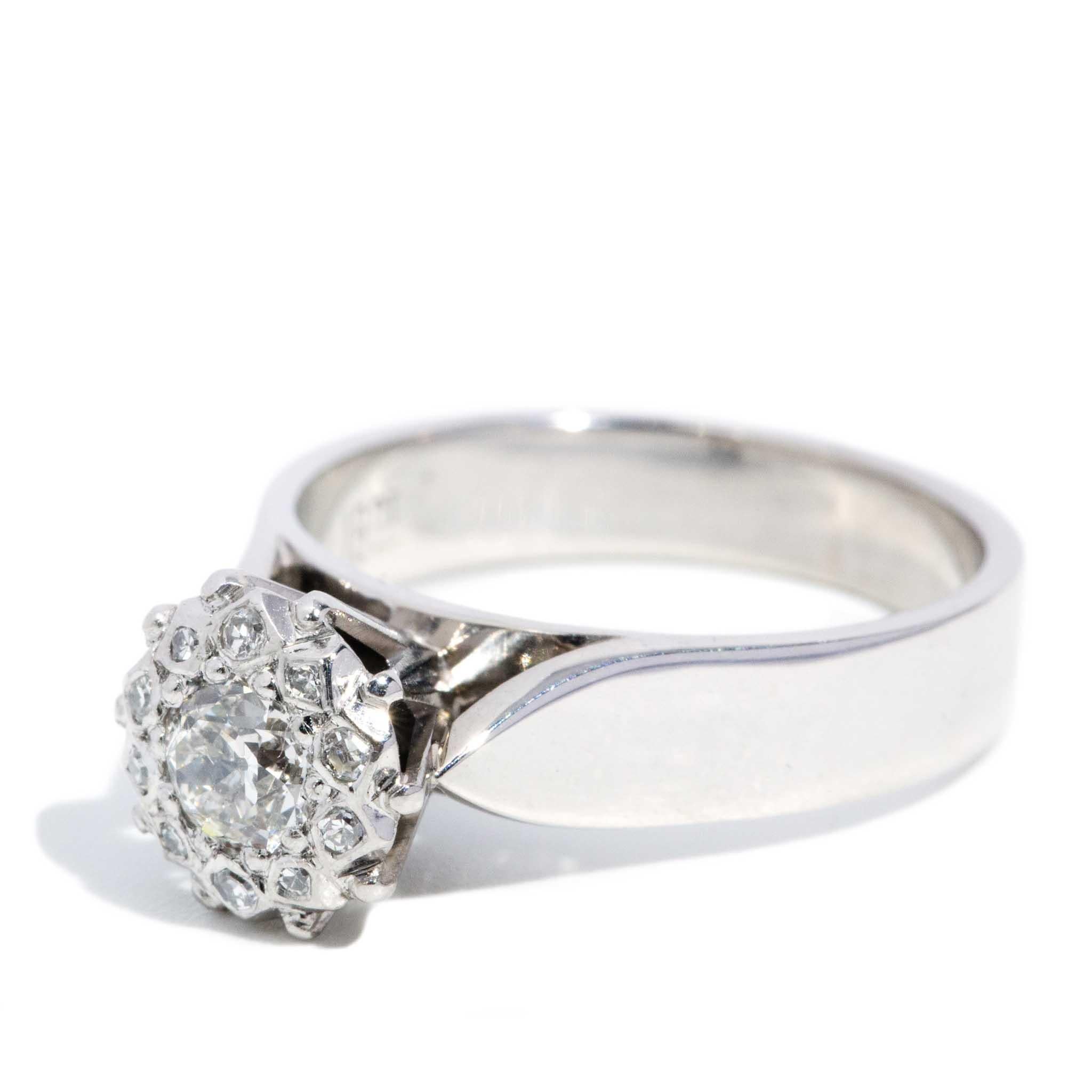 Modern Vintage 1970s Transition& Single  Cut Diamond Cluster Ring 18 Carat White Gold For Sale