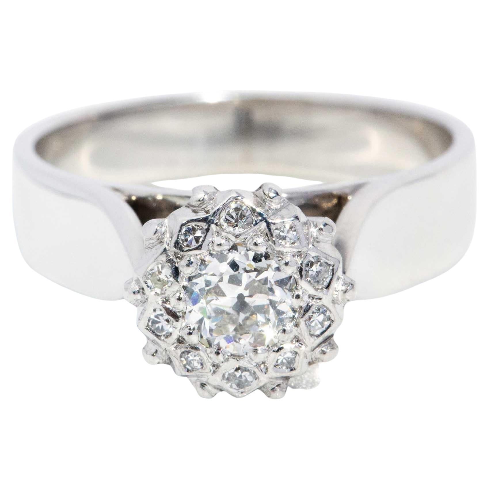 Vintage 1970s Transition& Single  Cut Diamond Cluster Ring 18 Carat White Gold For Sale