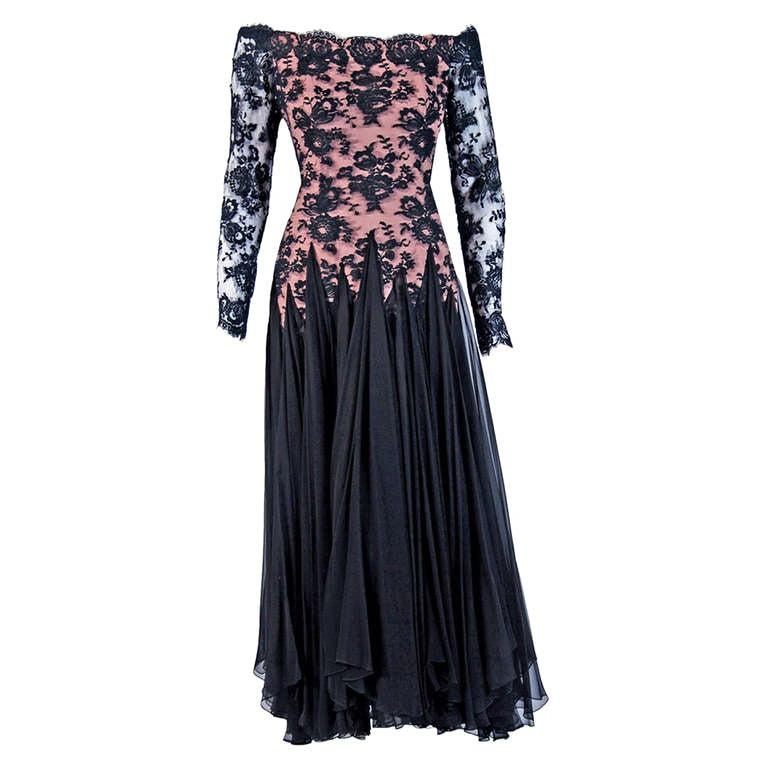 Vintage 1970's Travilla Couture Sheer Illusion Lace & Black Chiffon Gown