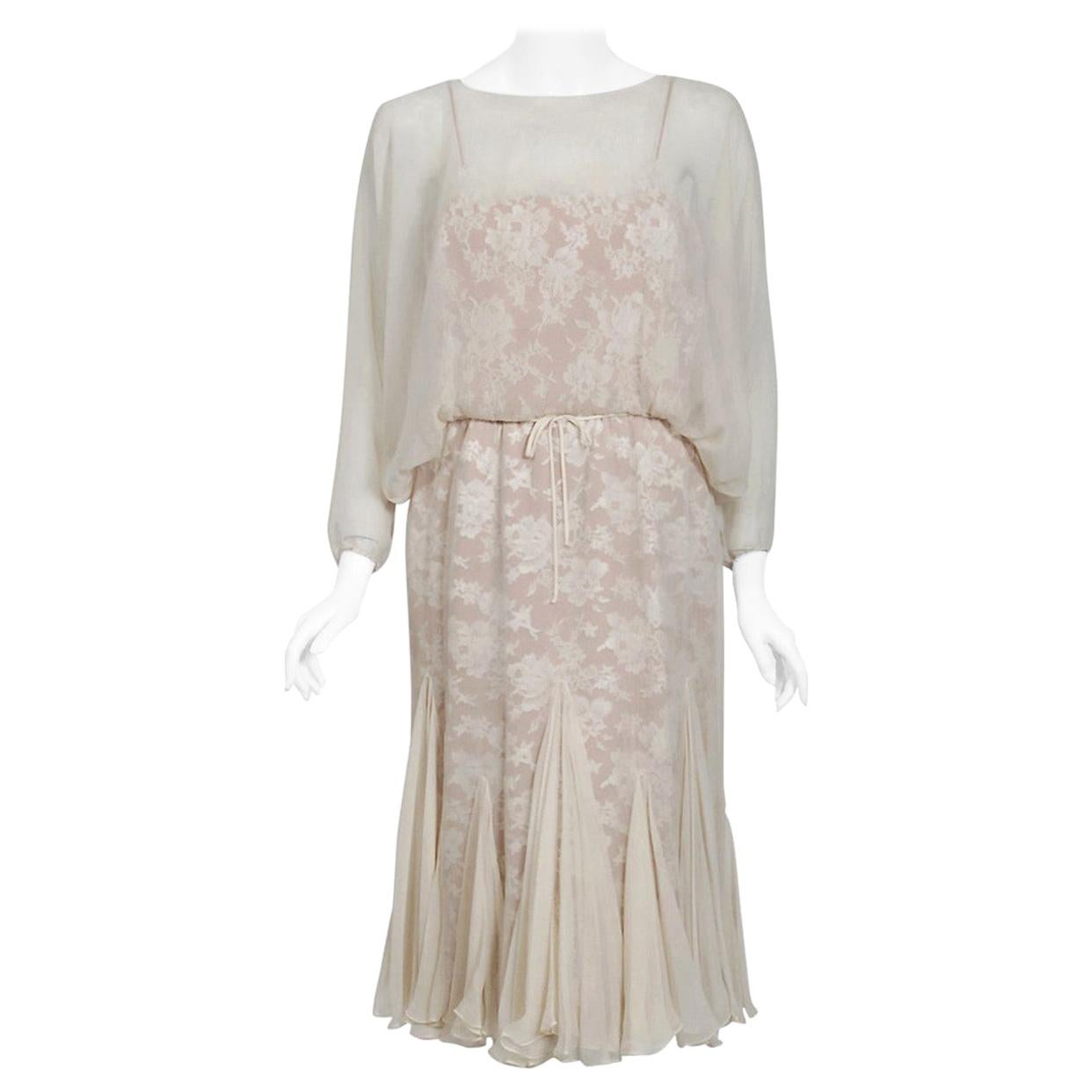 Vintage 1970s Travilla Ivory Chiffon & Lace Illusion Dolman Sleeve Bridal Dress