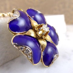 Vintage 1970s Tudor Rose, Blue Enamel and Diamonds, Gold Chain
