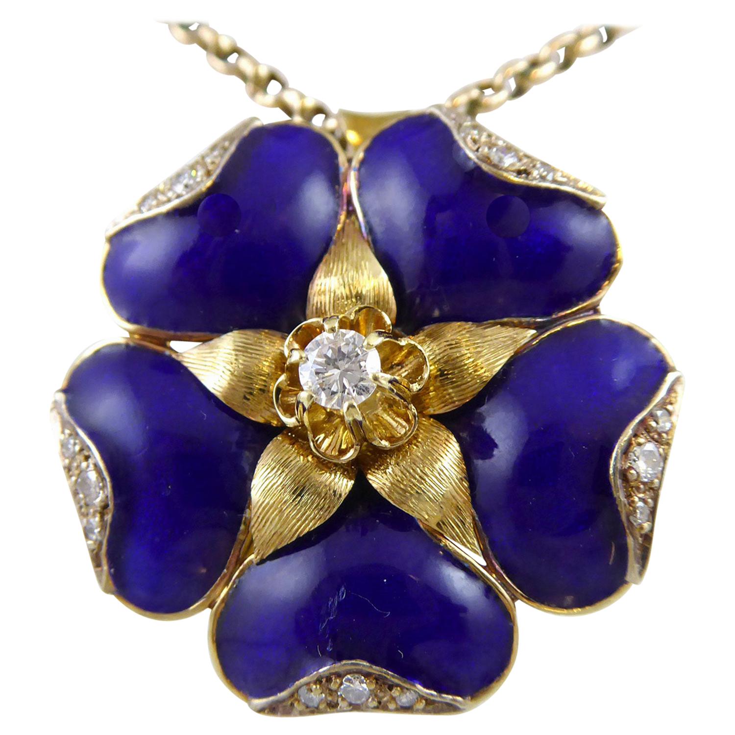 Vintage 1970s Tudor Rose, Blue Enamel and Diamonds, Gold Chain