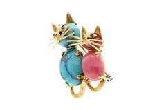 Vintage 1970s Turquoise and Pink Agate Cats Brooch