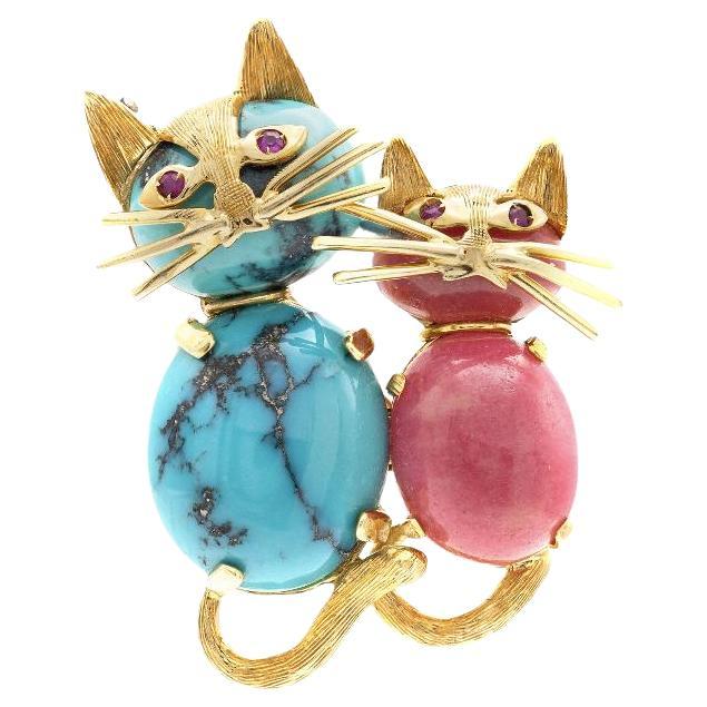 Vintage 1970s Turquoise and Pink Agate Cats Brooch For Sale