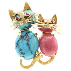Vintage 1970s Turquoise and Pink Agate Cats Brooch
