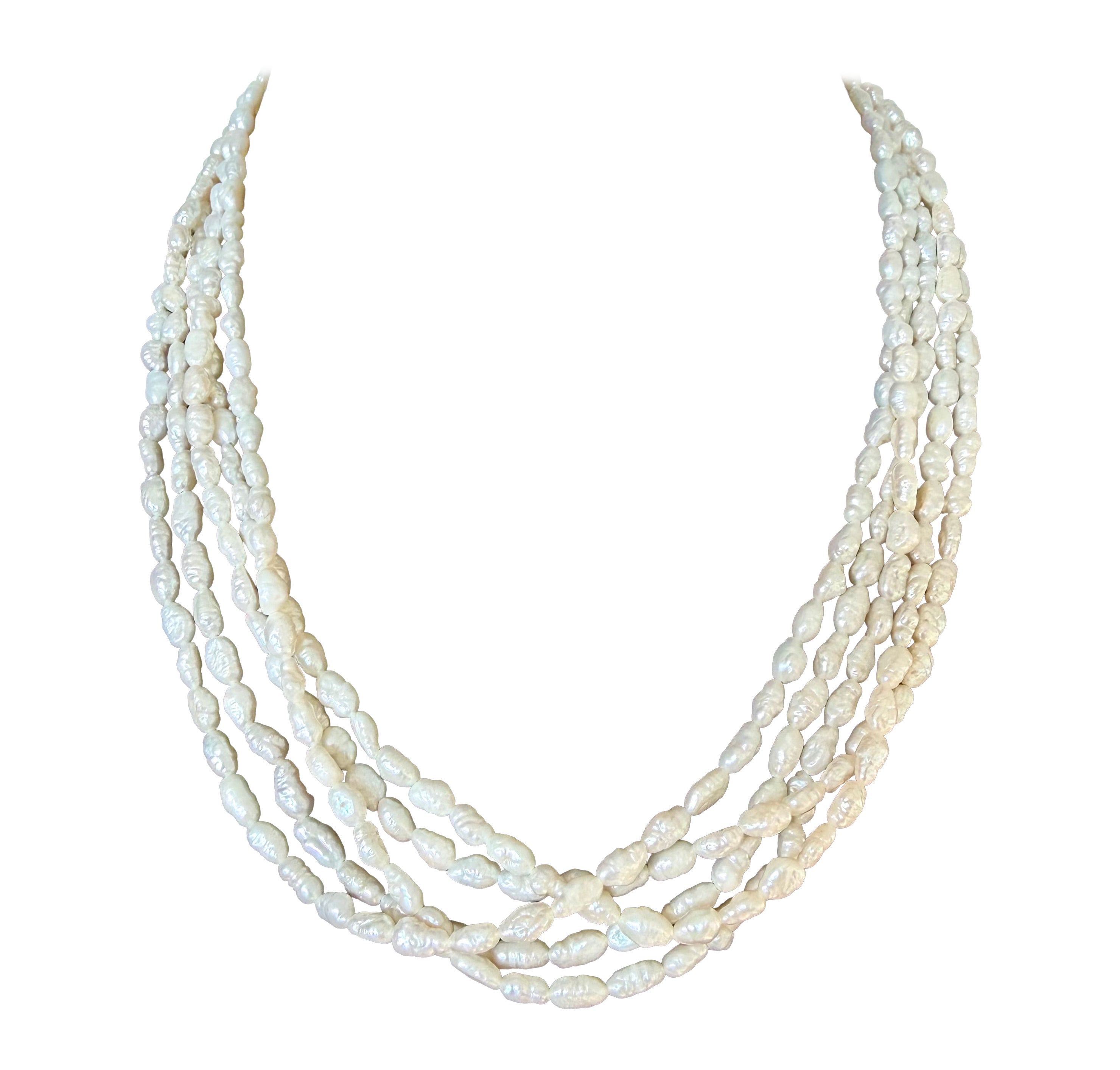 Vintage 1970 Collier de perles d'eau douce baroques multibrins uniformes