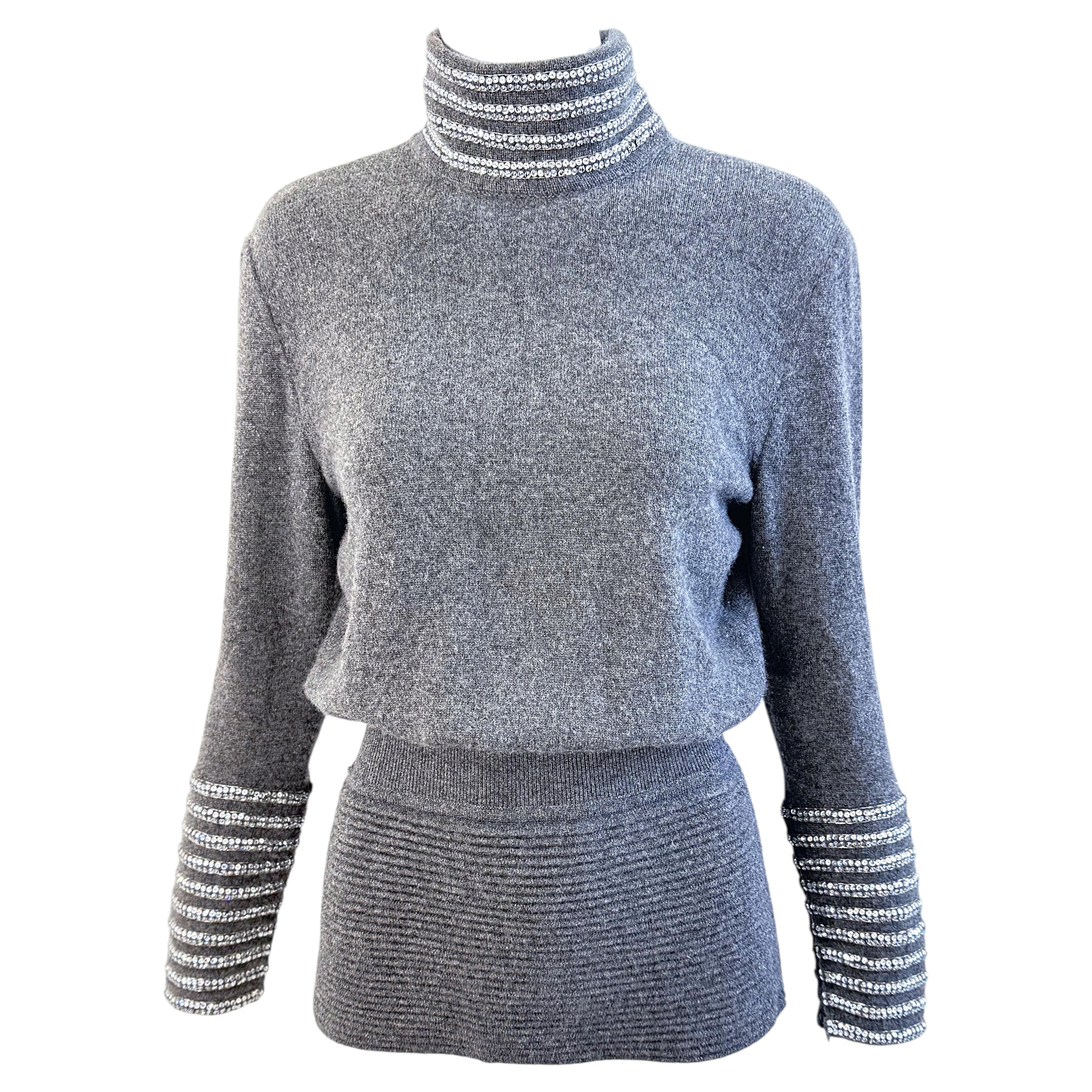 Vintage 1970s Valentino Grey Soft Cashmere Silver Sequins 70s Turtleneck Sweater