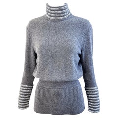 Vintage 1970s Valentino Grey Soft Cashmere Silver Sequins 70s Turtleneck Sweater