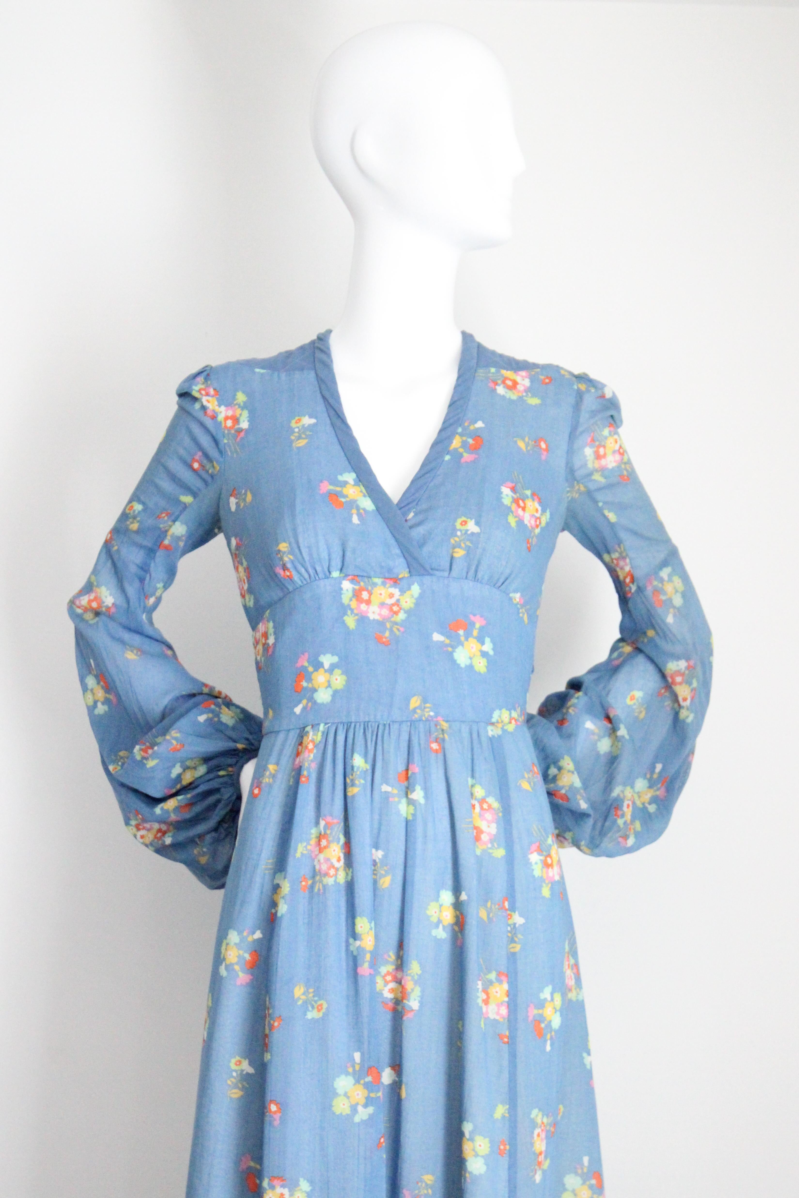 Grigio Vintage anni '70, Valery Goad Blu, floreale con maniche a palloncino, Maxi Dress UK 8 US 4