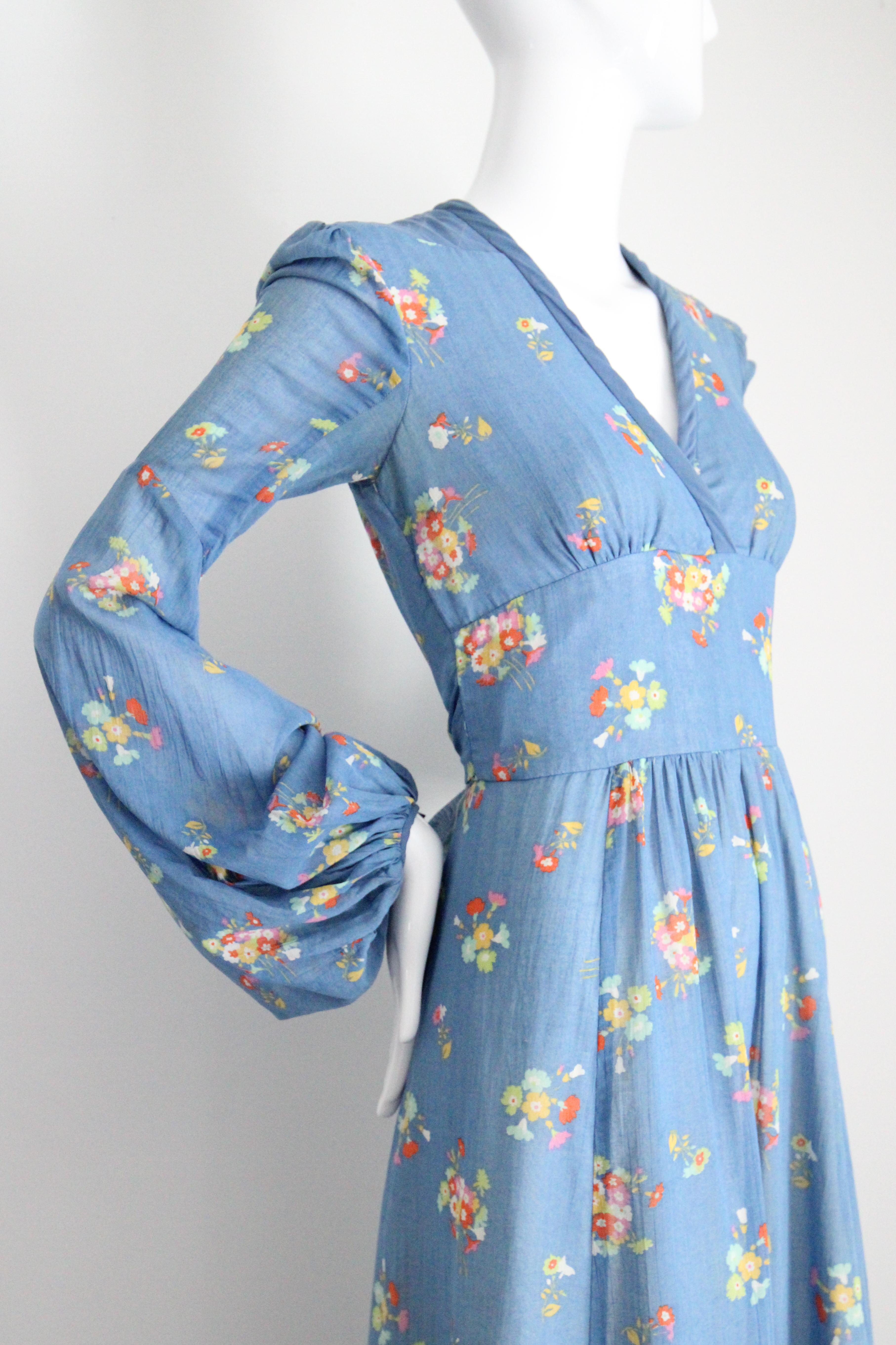 Vintage anni '70, Valery Goad Blu, floreale con maniche a palloncino, Maxi Dress UK 8 US 4 1