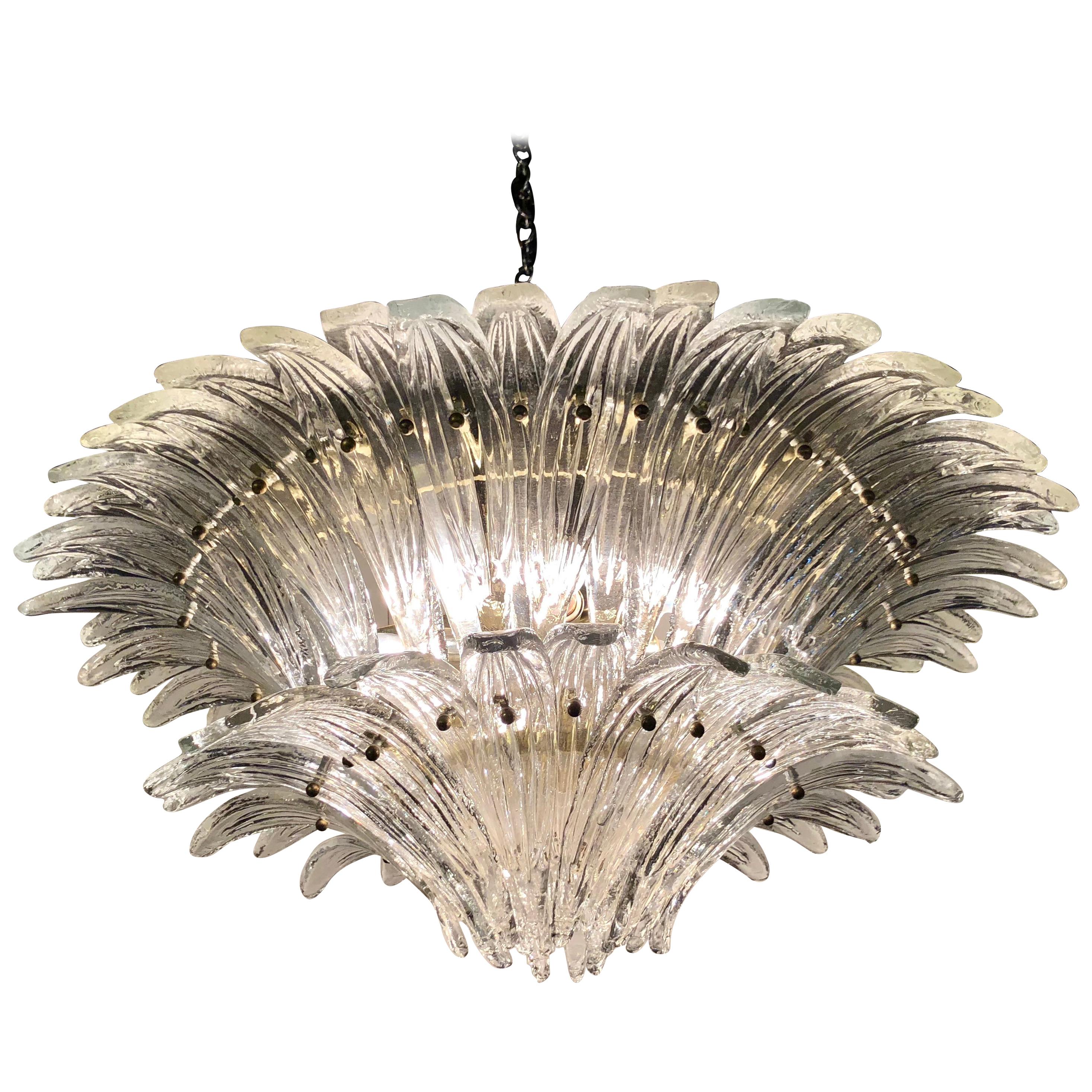 Vintage 1970s Venetian Murano Clear Glass Palmette Chandelier Art Deco Style