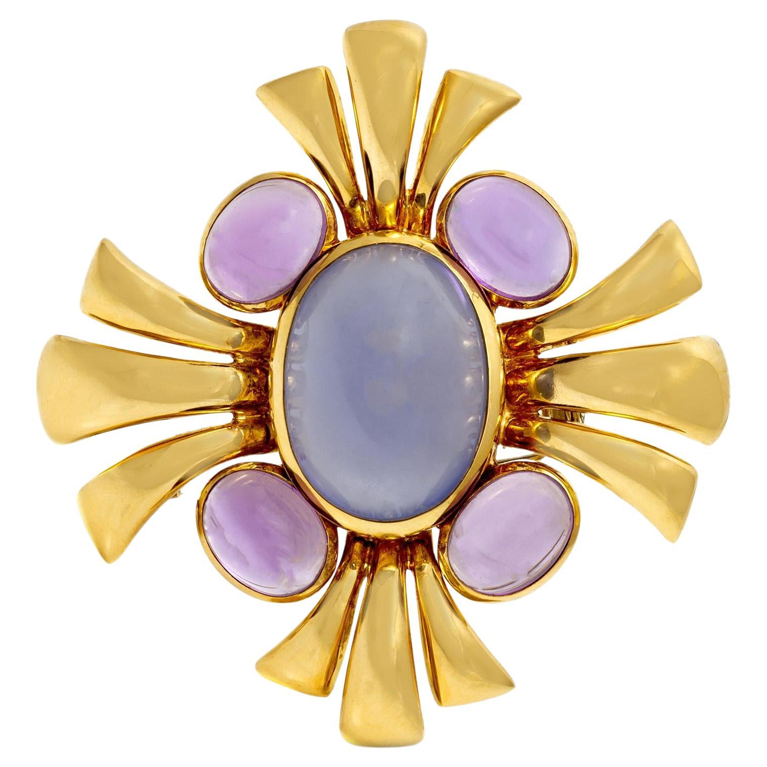 Vintage 1970er Verdura Chalzedon und Amethyst Brosche