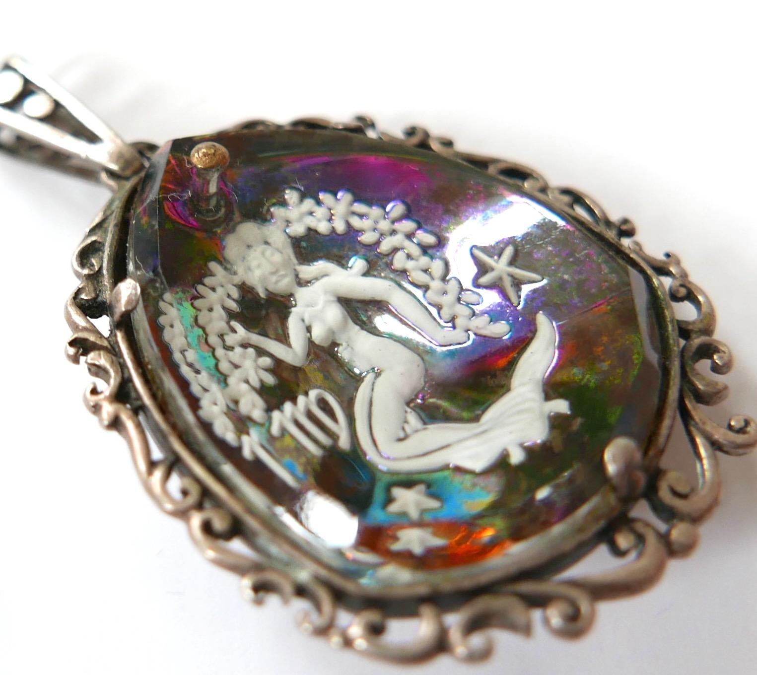 Women's or Men's Vintage 1970s Virgo Mermaid Carved Glass & Indian Silver Pendant For Sale
