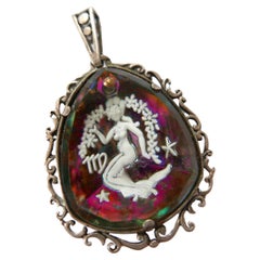 Vintage 1970s Virgo Mermaid Carved Glass & Indian Silver Pendant