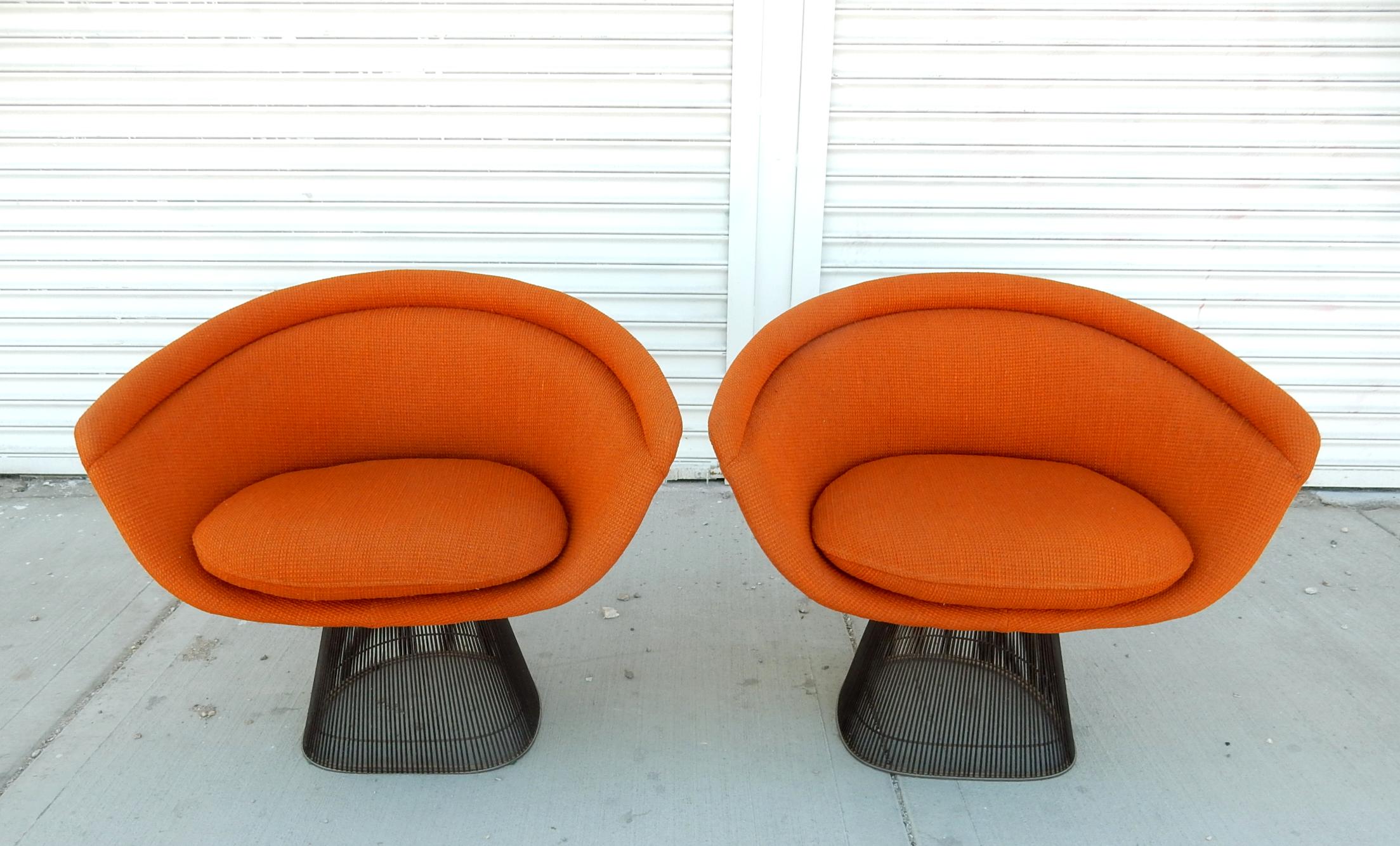American Vintage 1970's Warren Platner for Knoll Wire Lounge Chairs Original Knoll Fabric