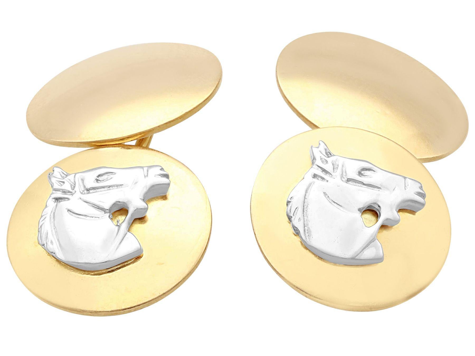 A fine and impressive pair of vintage 18k yellow and white gold equestrian cufflinks; part of our men's jewelry and estate jewelry collections.

These fine and impressive horse cufflinks have been crafted in 18k yellow gold.

The cufflinks have a