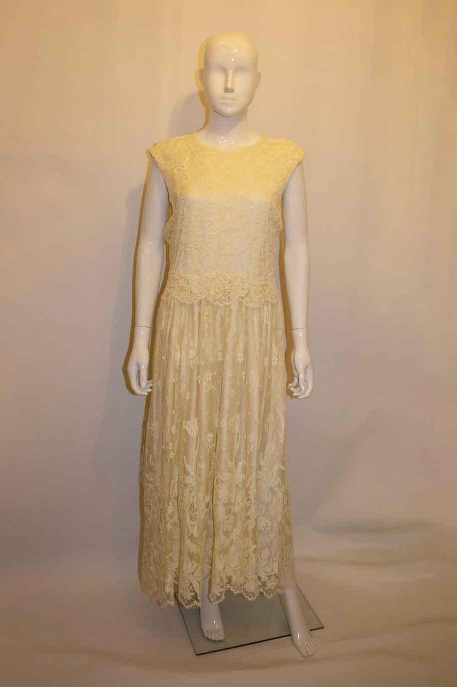 Brown Vintage 1970s White Lace Gown For Sale