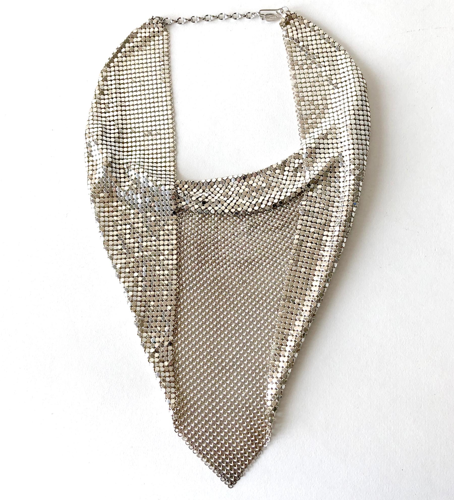 Vintage Whiting & Davis silver tone metal mesh scarf necklace, circa 1970's.  Necklace triangle measures 12