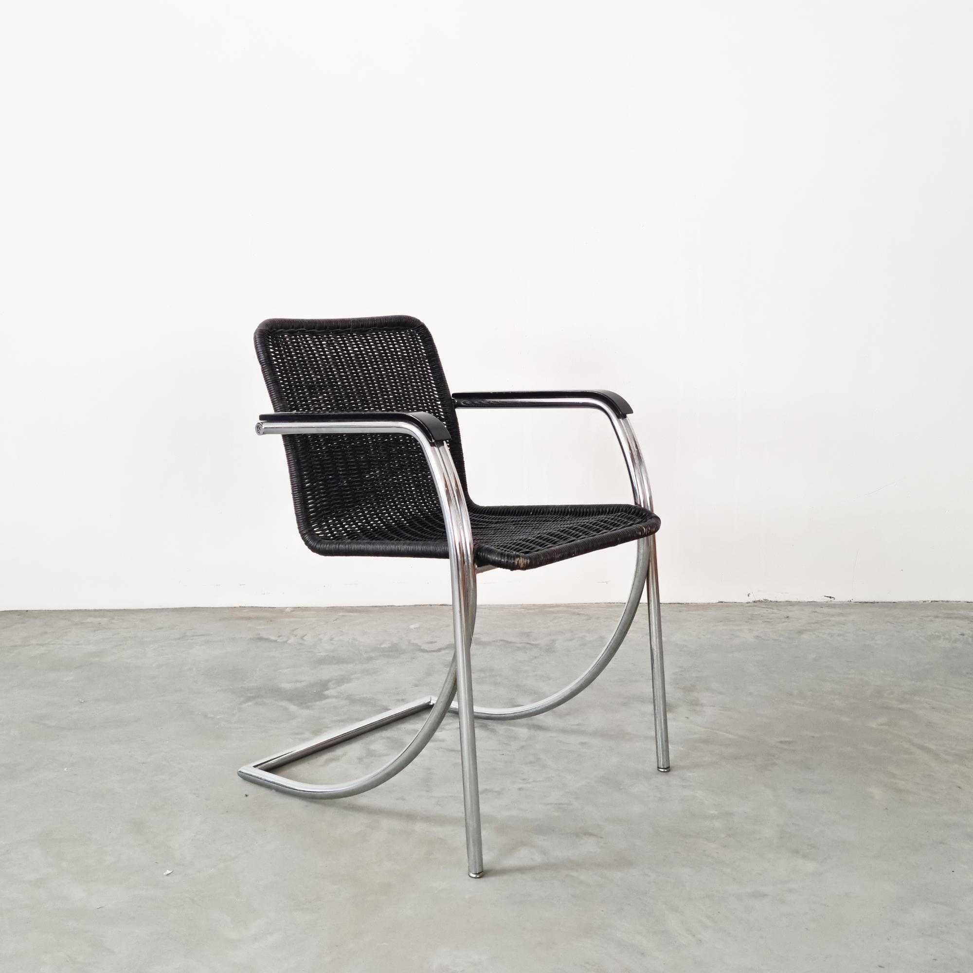 Austrian Vintage 1970s Wicker Armchair with Chrome Tubular Frame For Sale