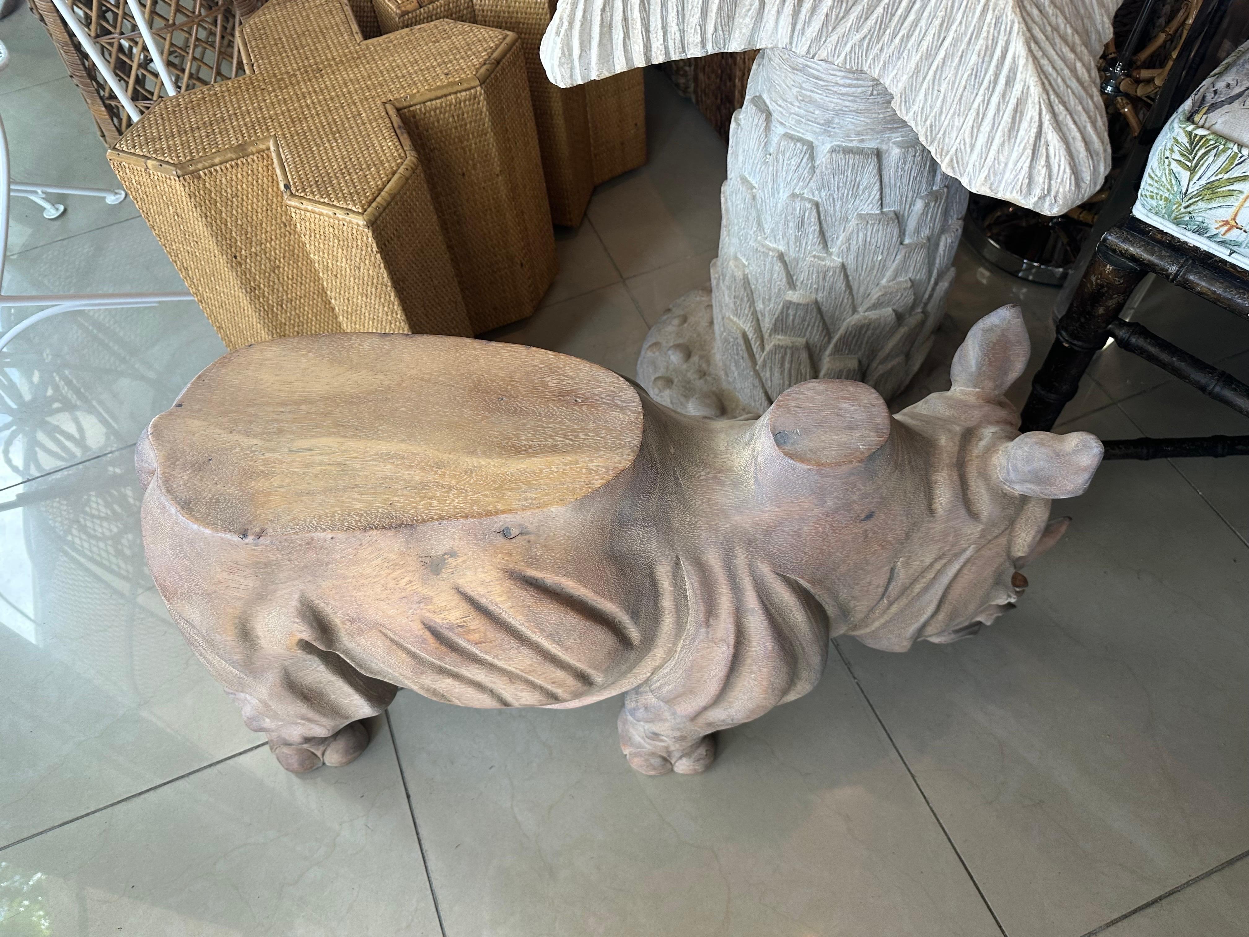 Vintage 1970s Wood Carved Rhino Rhinoceros Coffee Cocktail Table  For Sale 4