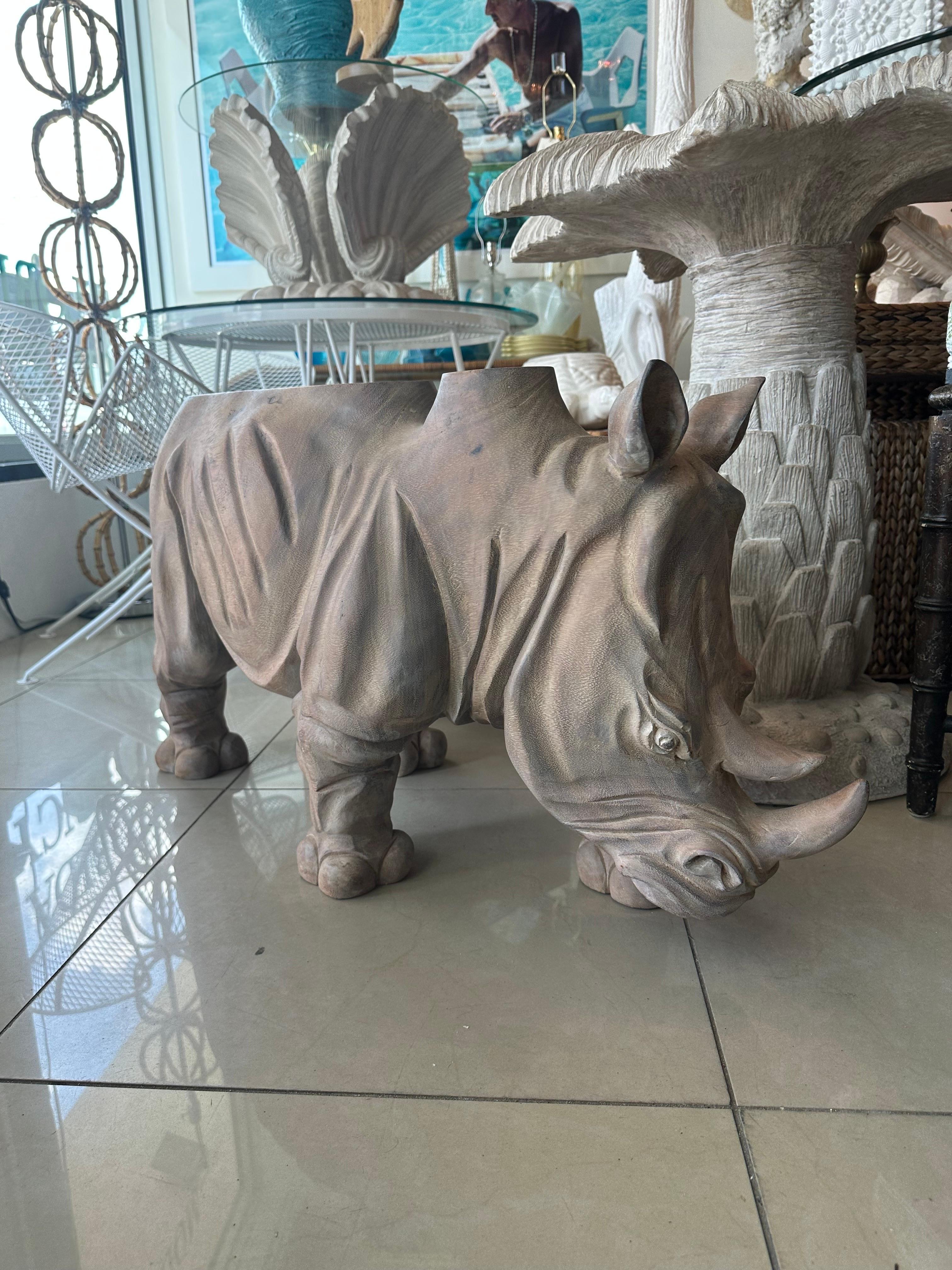 Vintage 1970s Wood Carved Rhino Rhinoceros Coffee Cocktail Table  For Sale 5