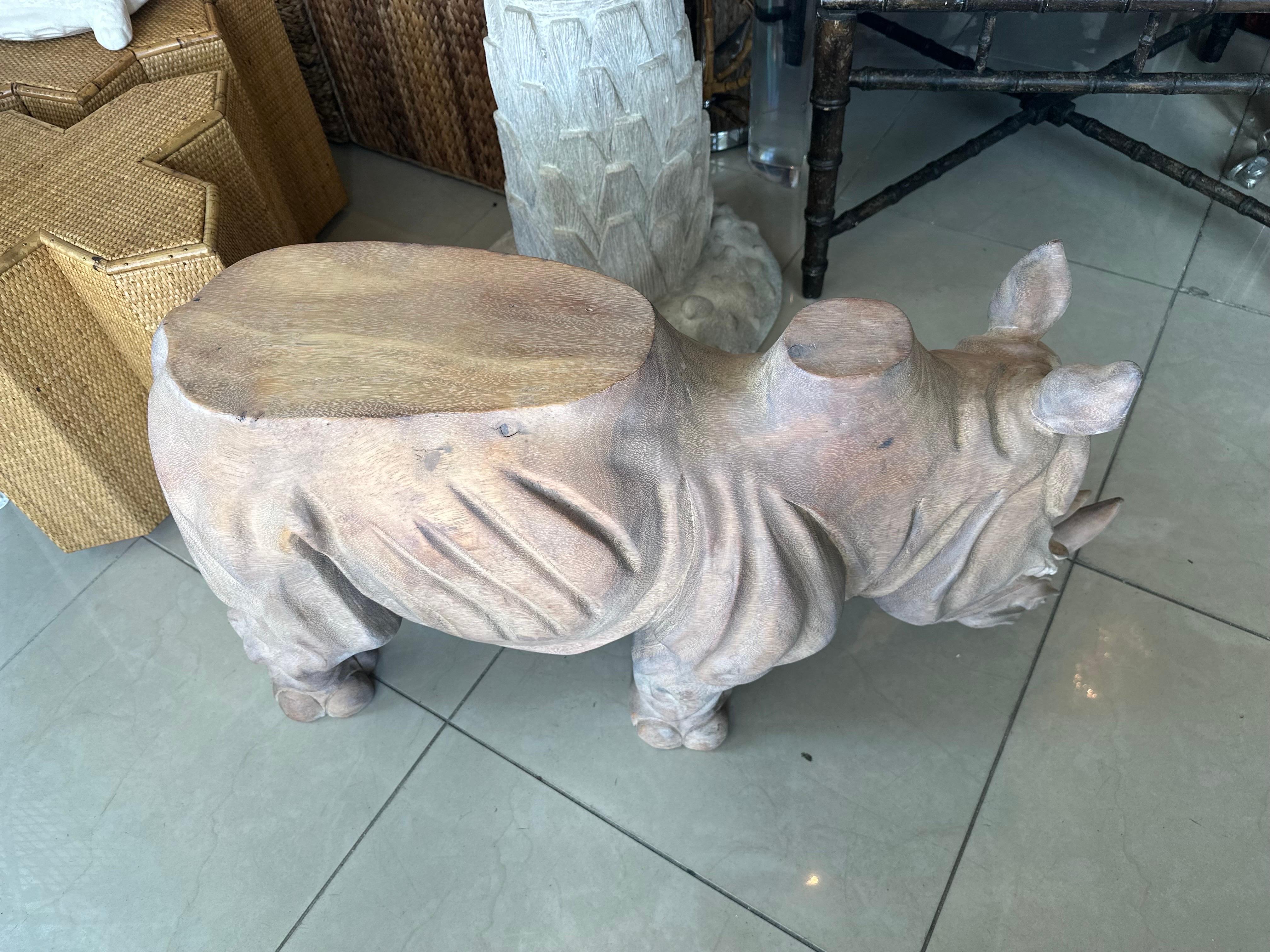 Vintage 1970s Wood Carved Rhino Rhinoceros Coffee Cocktail Table  For Sale 8