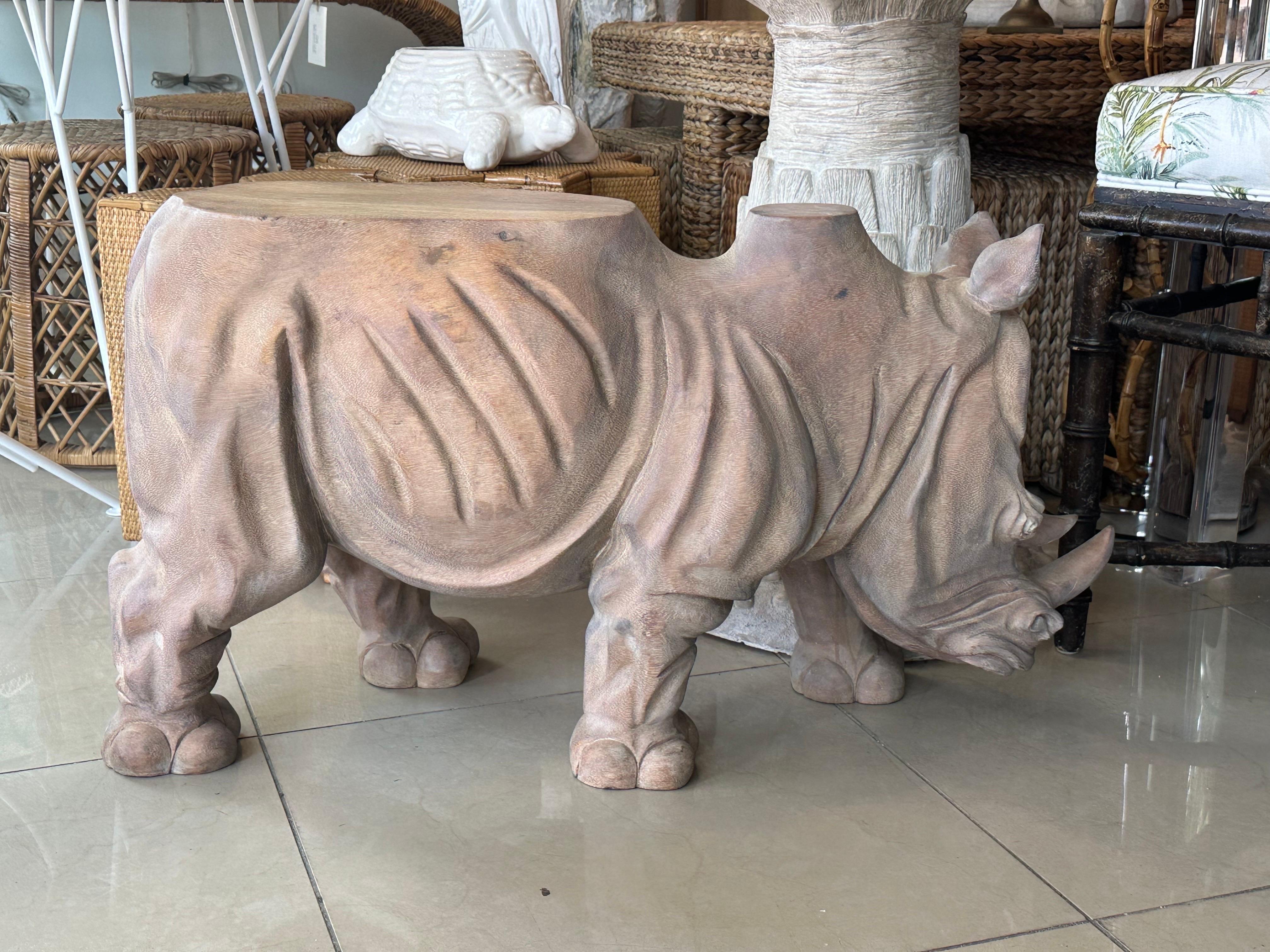 Hollywood Regency Vintage 1970s Wood Carved Rhino Rhinoceros Coffee Cocktail Table  For Sale