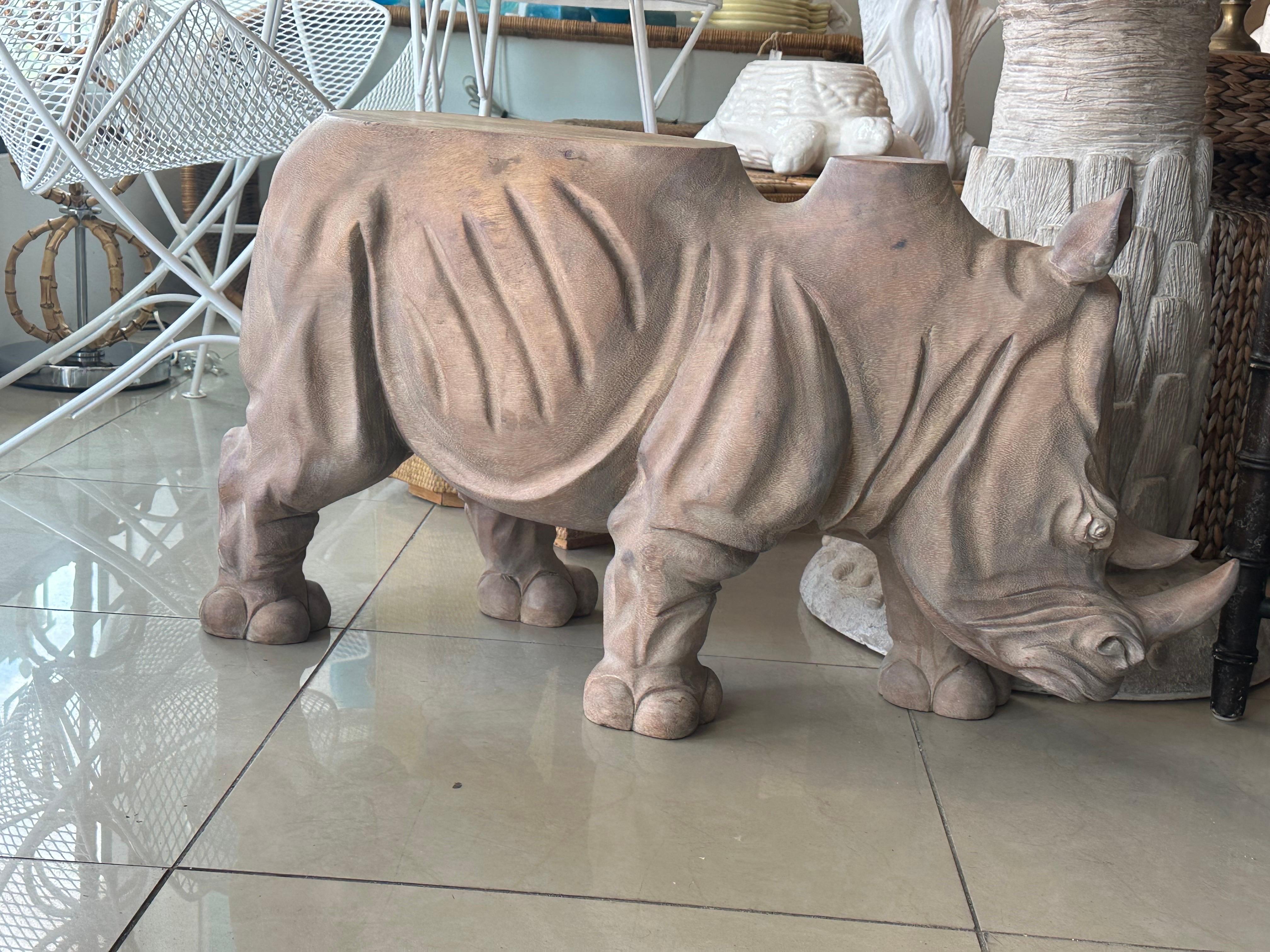 American Vintage 1970s Wood Carved Rhino Rhinoceros Coffee Cocktail Table  For Sale
