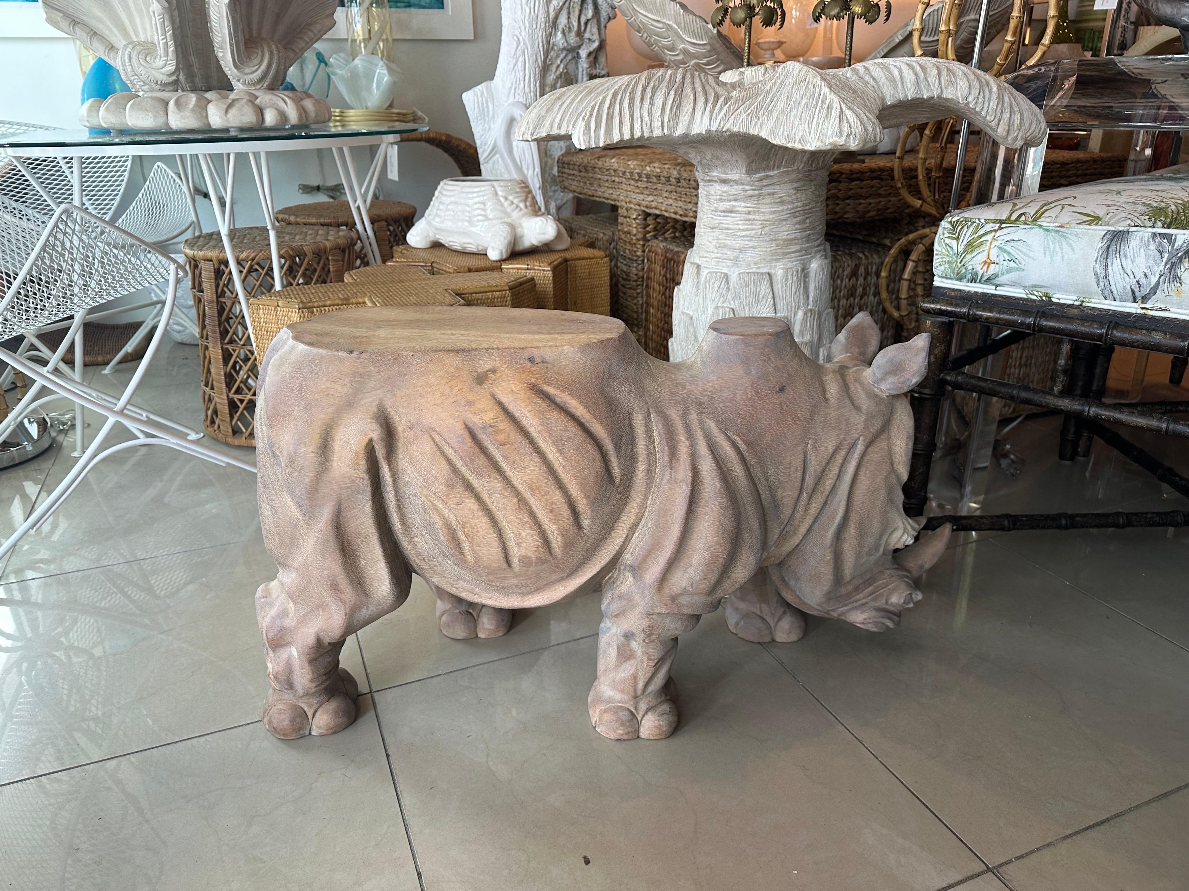 Vintage 1970s Wood Carved Rhino Rhinoceros Coffee Cocktail Table  For Sale 1