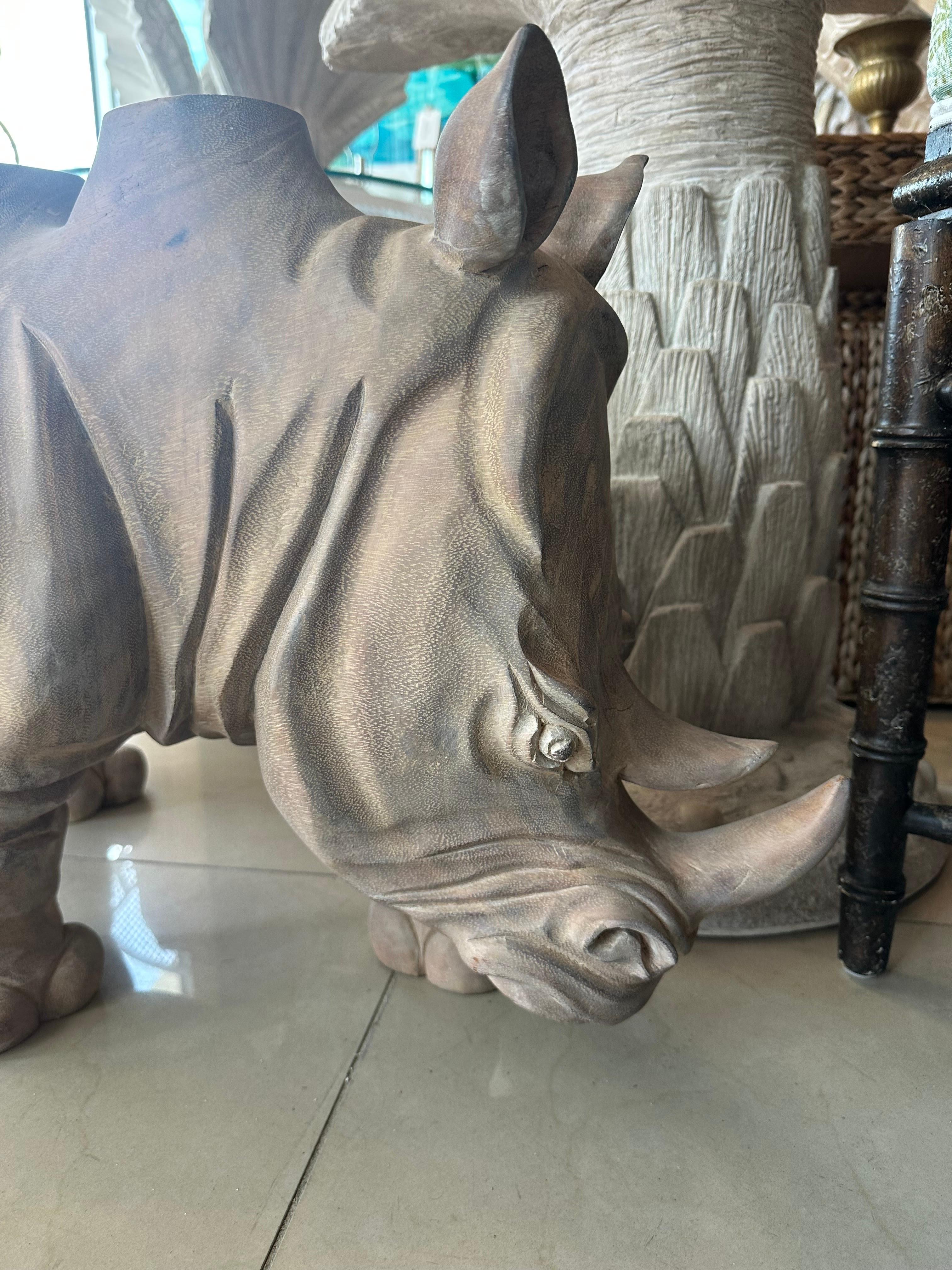 Vintage 1970s Wood Carved Rhino Rhinoceros Coffee Cocktail Table  For Sale 2