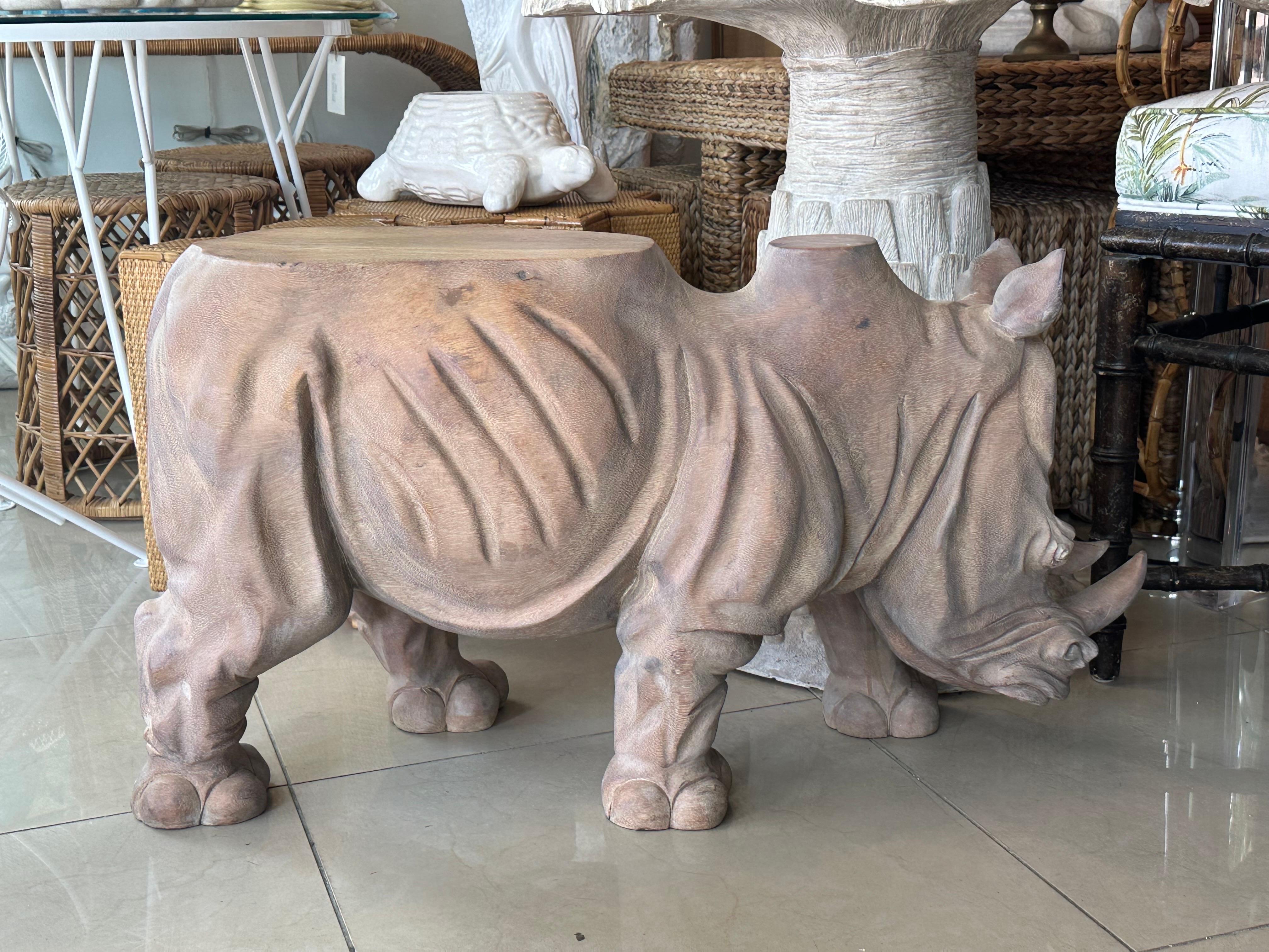 Vintage 1970s Wood Carved Rhino Rhinoceros Coffee Cocktail Table  For Sale 3