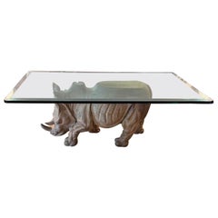 Vintage 1970s Wood Carved Rhino Rhinoceros Coffee Cocktail Table