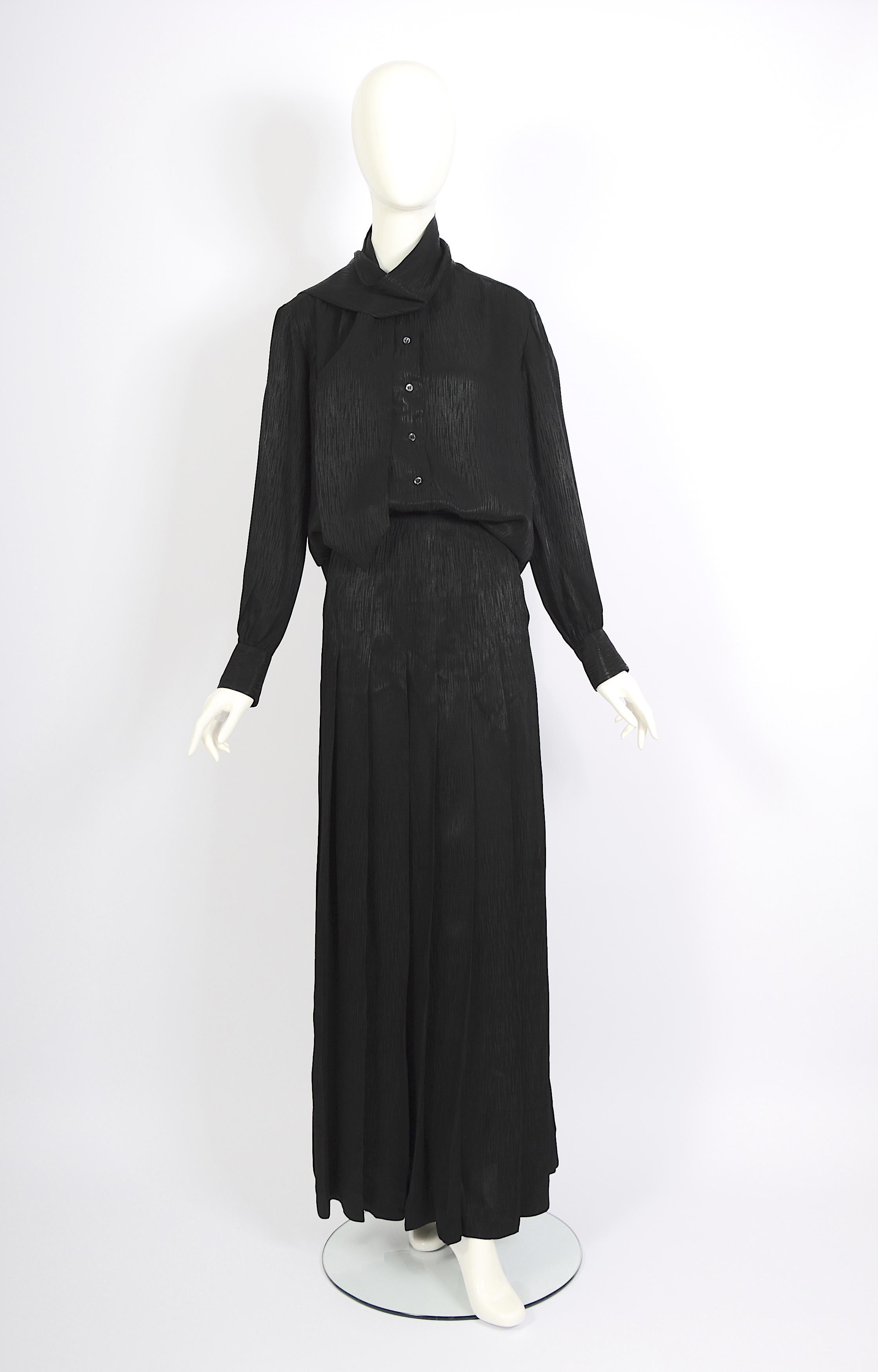 Vintage 1970s Yves Saint Laurent black scarf blouse and maxi pleated skirt set In Excellent Condition For Sale In Antwerp, BE