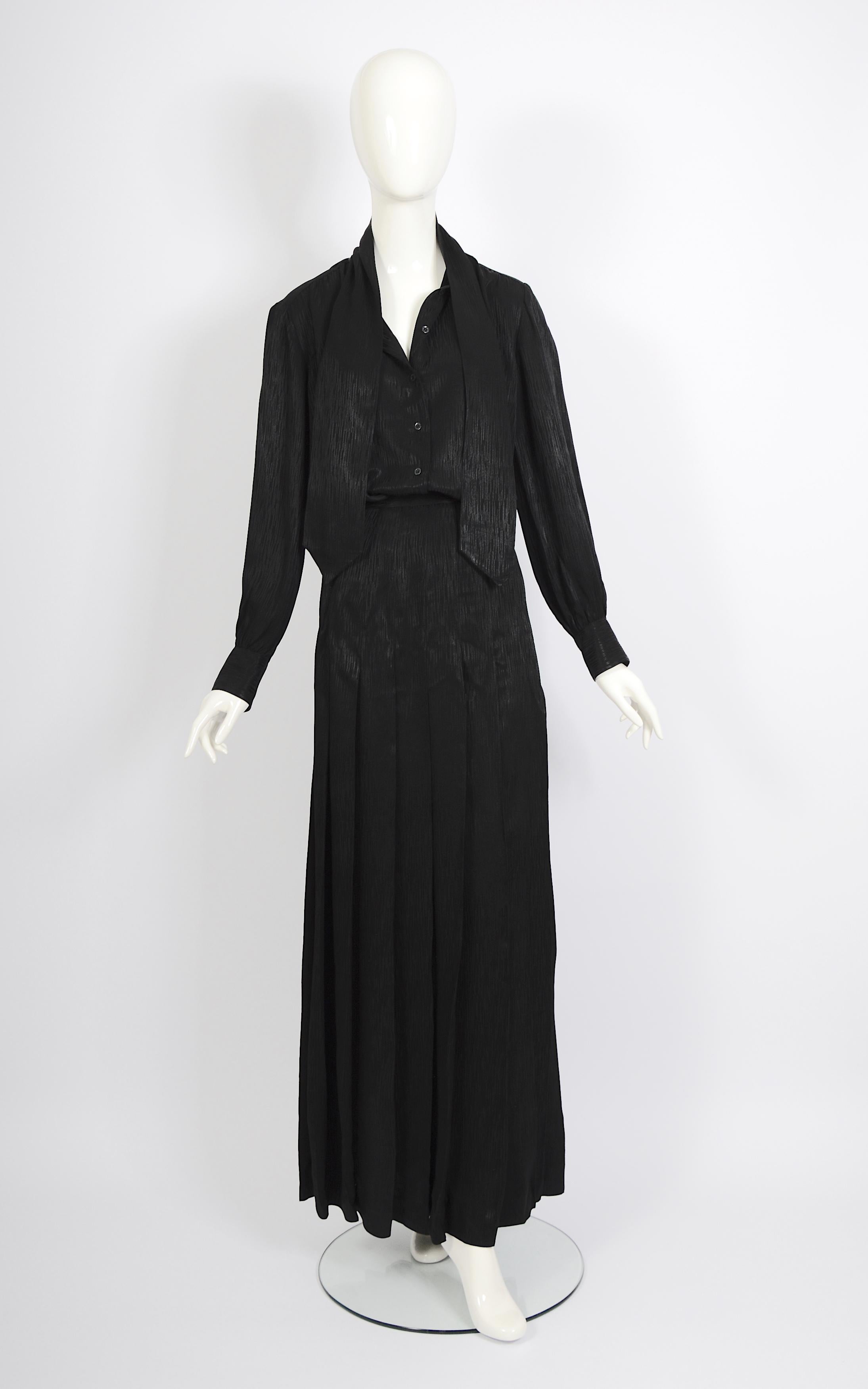 Women's Vintage 1970s Yves Saint Laurent black scarf blouse and maxi pleated skirt set For Sale