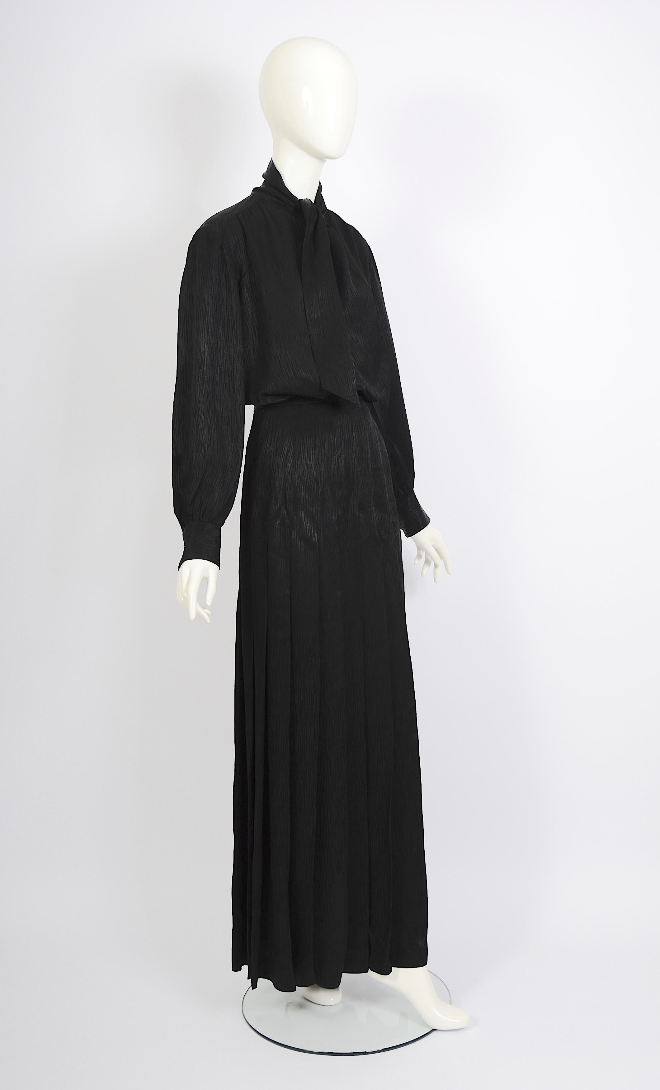 Vintage 1970s Yves Saint Laurent black scarf blouse and maxi pleated skirt set For Sale 1