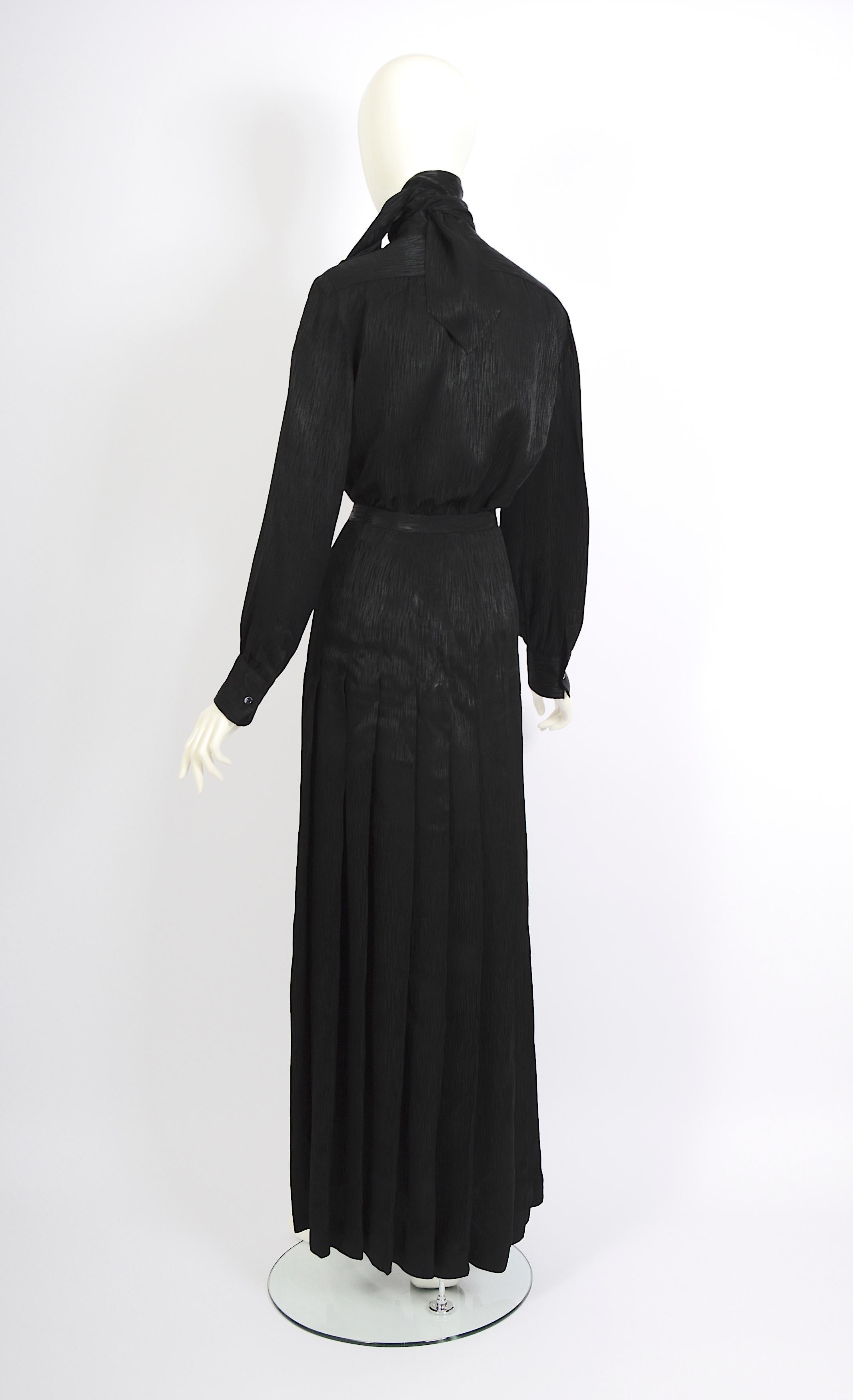 Vintage 1970s Yves Saint Laurent black scarf blouse and maxi pleated skirt set For Sale 4