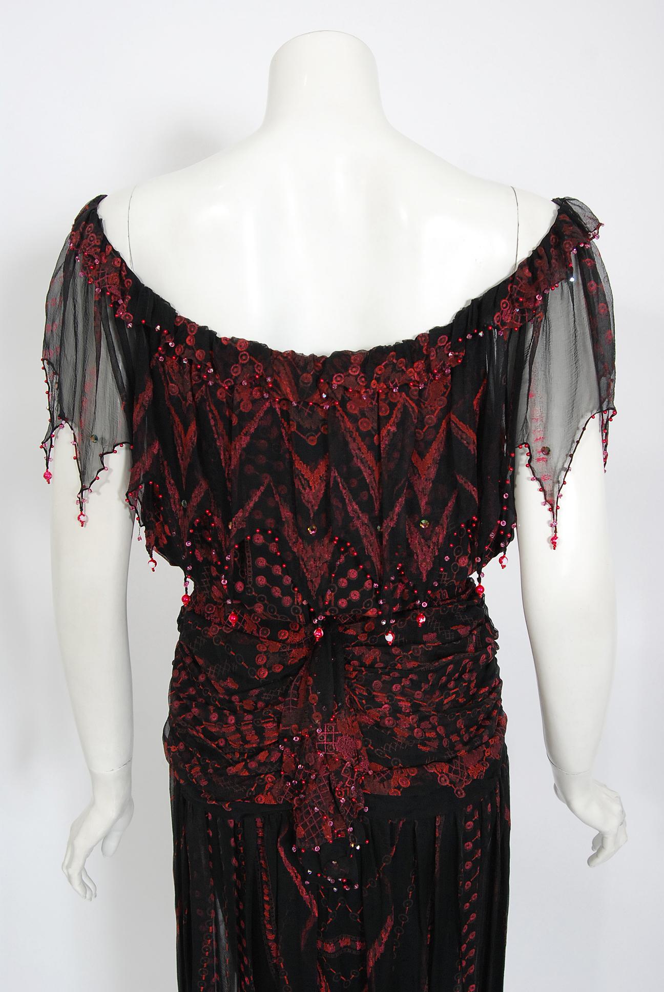 Vintage 1980er Zandra Rhodes handbemaltes schulterfreies Vintage-Kleid aus schwarzer Fuchsia-Seiden 8