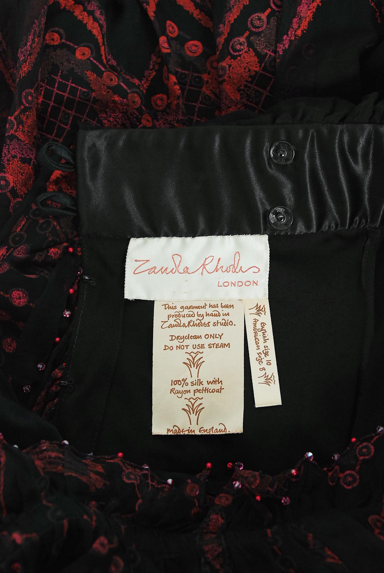 Vintage 1980's Zandra Rhodes Hand Painted Black Fuchsia Silk Off-Shoulder Dress 7