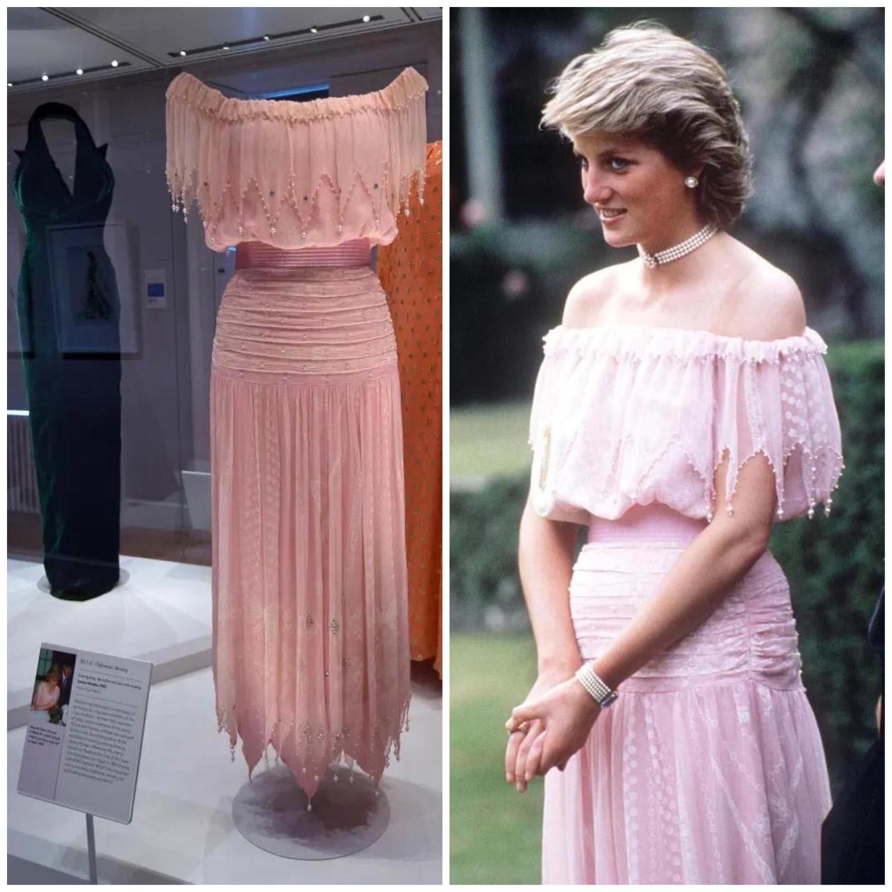A gorgeous and iconic Zandra Rhodes designer hand-painted silk chiffon dress dating back to the mid-1980's. As shown, this garment's pale-pink sister was famously worn by Princess Diana to the 1986 State Banquet in Kyoto, Japan. This dress was