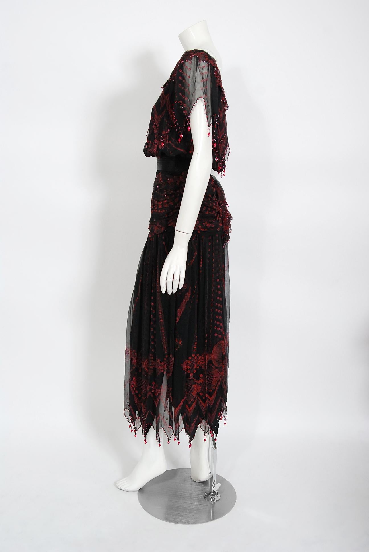 Vintage 1980's Zandra Rhodes Hand Painted Black Fuchsia Silk Off-Shoulder Dress 2