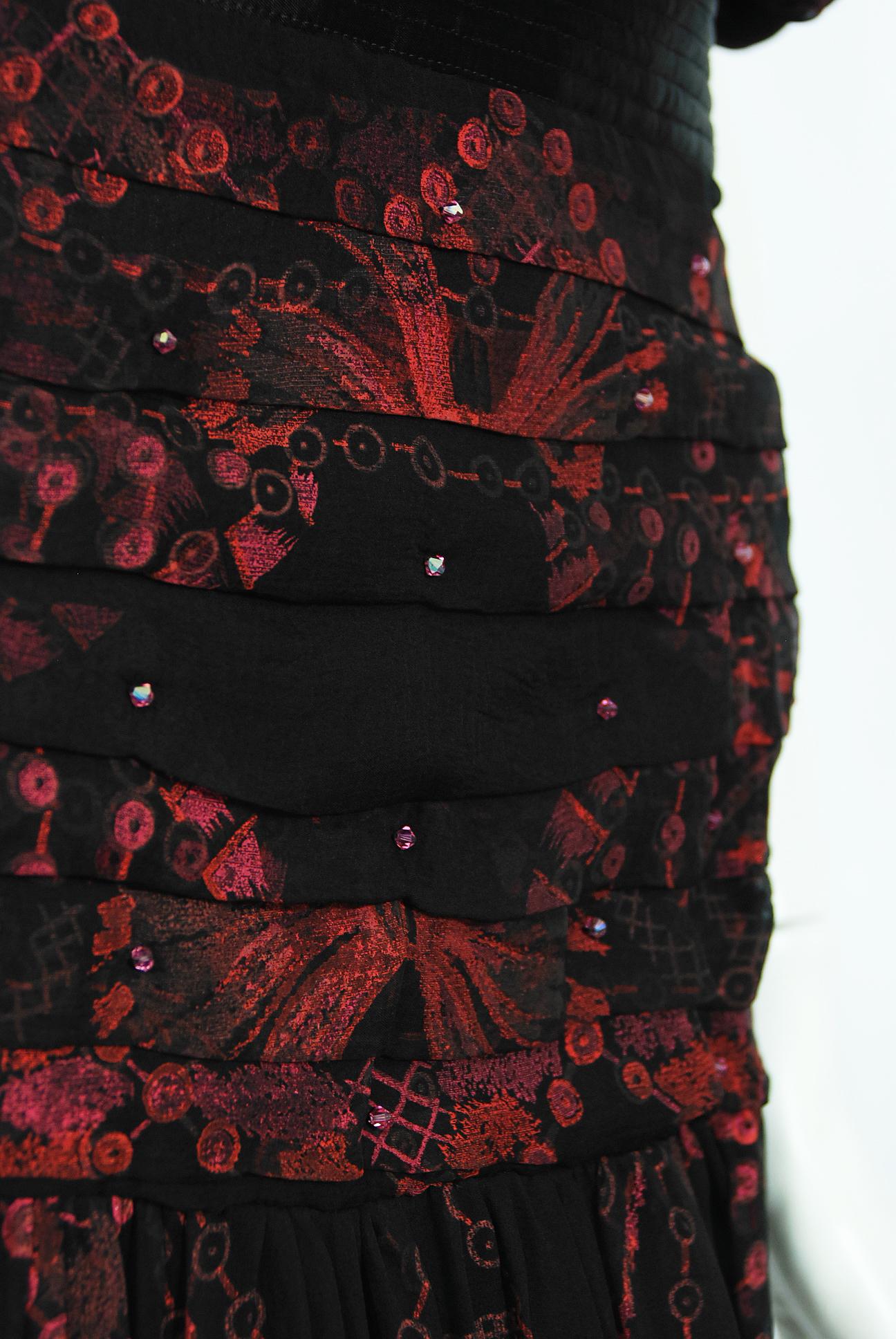 Vintage 1980's Zandra Rhodes Hand Painted Black Fuchsia Silk Off-Shoulder Dress 3