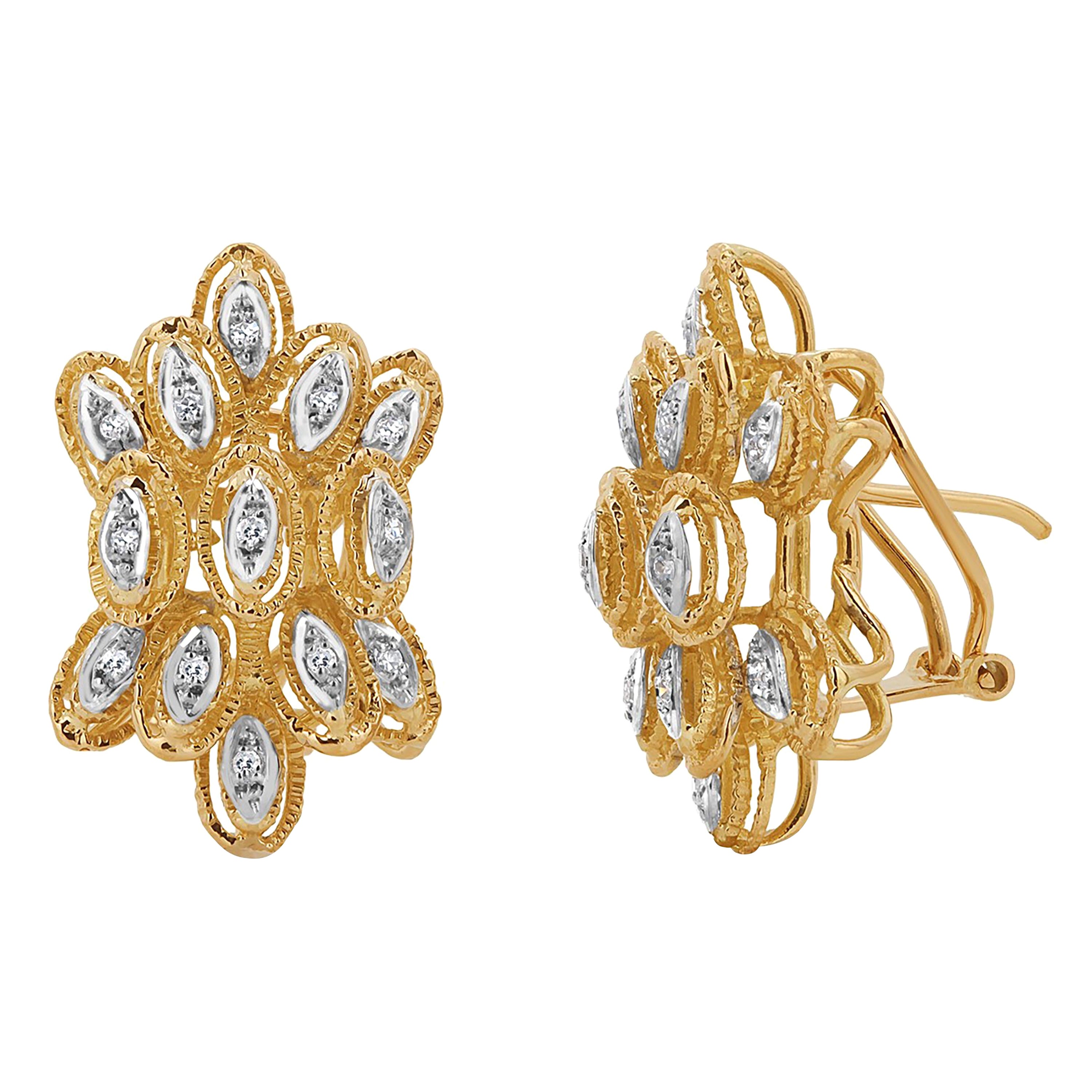 Boucles d'oreilles à clip en or jaune 18 carats rétro avec diamants de 1 pouce Vintage 1970th 